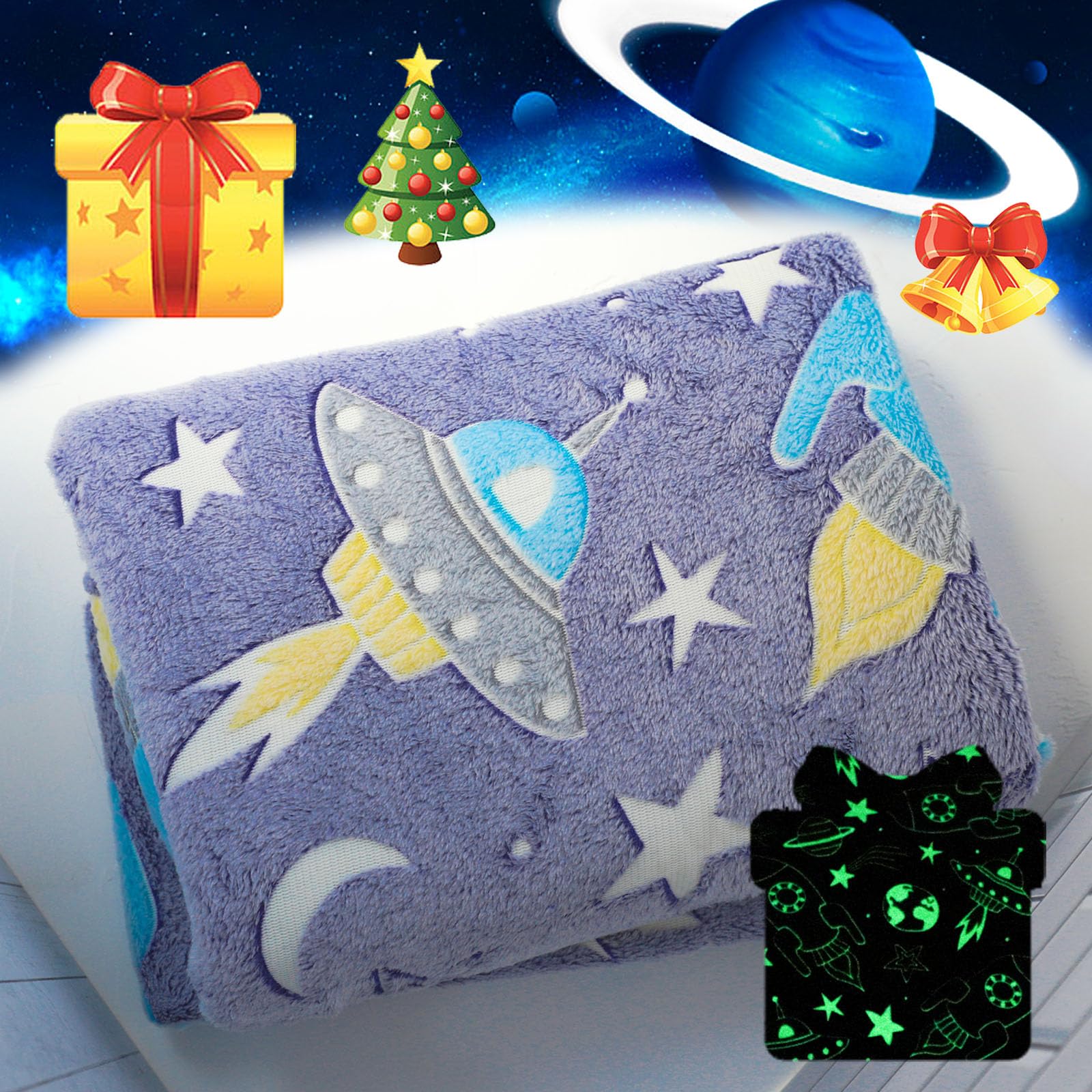 Best Gift Christmas Space Glow in The Dark Rocket Throw Blanket with Storage Bag, Soft Throw Blanket for Boys, Gifts for Holiday