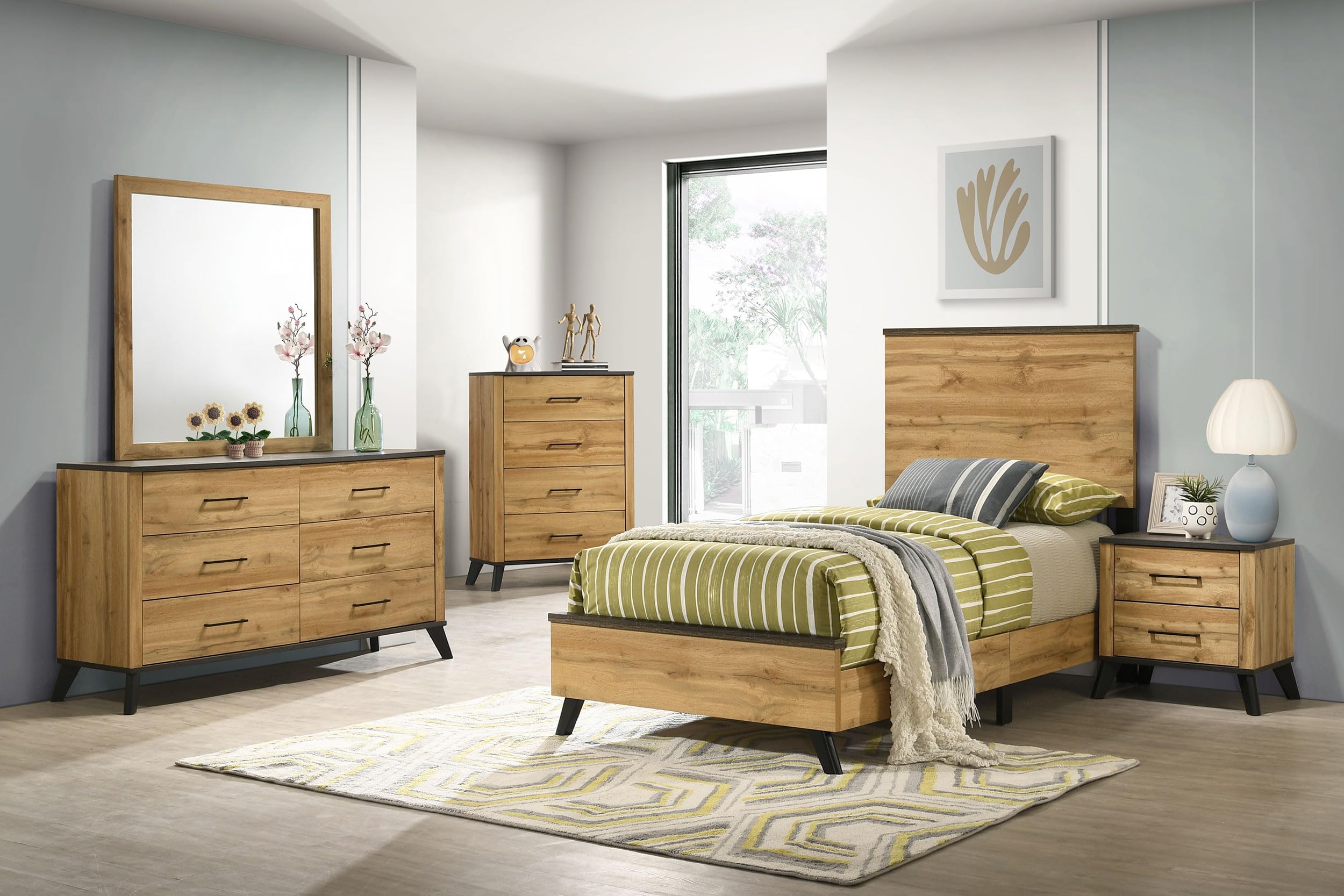 Coaster Home Furnishings Kaywood Mid-Century Modern 5-Piece Bedroom Set Twin Size Panel Bed Frame 52-inch Headboard Weathered Brown and Natural Pine 225001T-S5