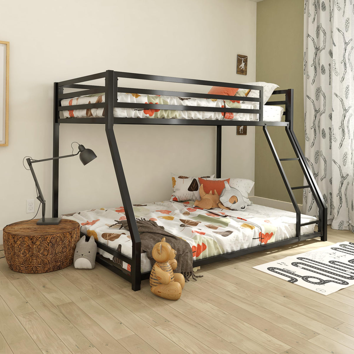 Dhp Miles Low Metal Bunk Bed Frame For Kids, With Built-In Ladder, High Guardrail And Metal Slats, Floor Bed Bottom Bunk, No Boxspring Required, For Small Spaces, Twin-Over-Full, Black