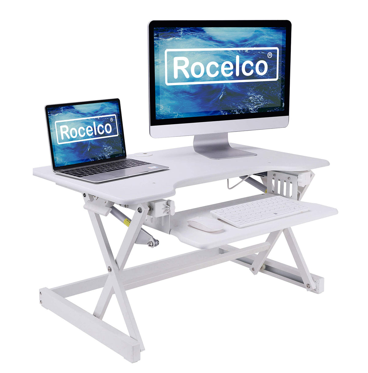 Rocelco 32&quot; Height Adjustable Standing Desk Converter - Sit Stand Computer Workstation Riser - Dual Monitor Retractable Keyboard Tray Gas Spring Assist - Black (R EADRW)