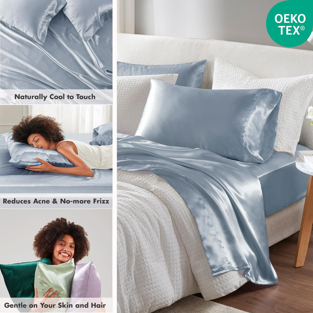 Madison Park Essentials Satin Sheets Twin Size, Luxurious Silky Satin Bed Sheets, Elastic 14' Pocket Fits Up To 16' Mattress, Wrinkle-Free, Soft Satin Bed Sheet Set, Blue 4 Piece