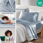 Madison Park Essentials Satin Sheets Twin Size, Luxurious Silky Satin Bed Sheets, Elastic 14' Pocket Fits Up To 16' Mattress, Wrinkle-Free, Soft Satin Bed Sheet Set, Blue 4 Piece