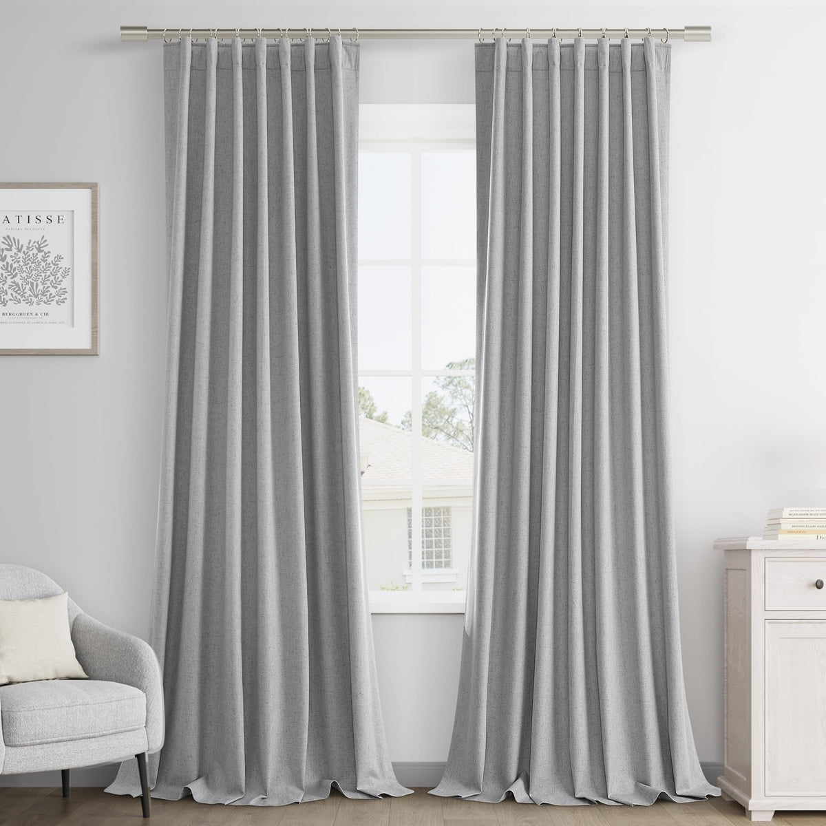 Joywell Light Grey Linen 100% Blackout Curtains 102 Inches Long, Rod Pocket,Back Tab,Hook Belt,Thermal Insulated Pinch Pleated Window Drapes For Bedroom Living Room With Hooks(2 Panels,52 X 102)