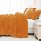 ChiXpace Fluffy Queen Comforter Set - Furry Burnt Orange Leaves Pattern Faux Fur Bed Set, Winter Ultra Soft Fuzzy Comfort Set, V