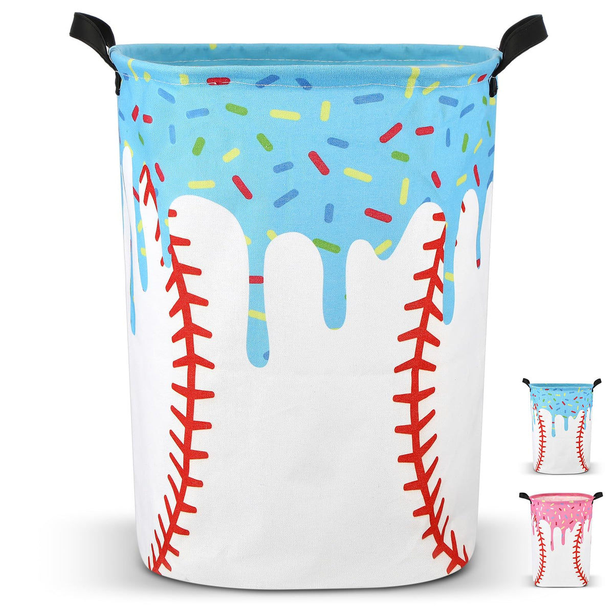 Sliner Baseball Ice Cream Drip Laundry Basket with Handles Foldable Oxford Clothes Hamper Storage Bucket Waterproof Laundry Stor