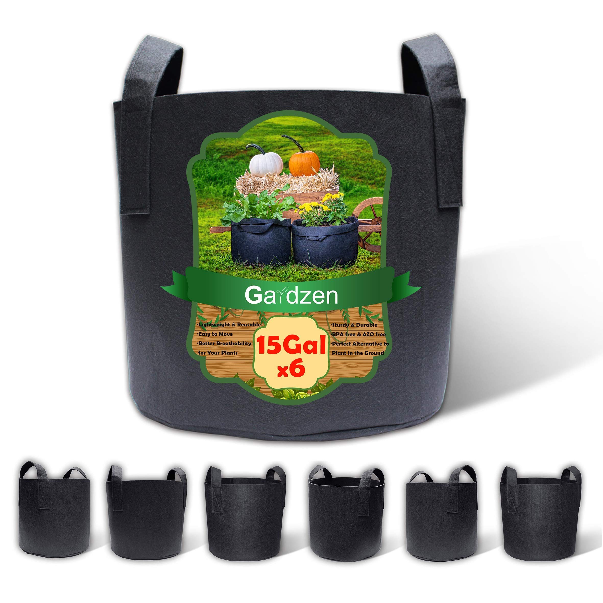 Gardzen 6-Pack 15 Gallon Grow Bags, Aeration Fabric Pots With Handles