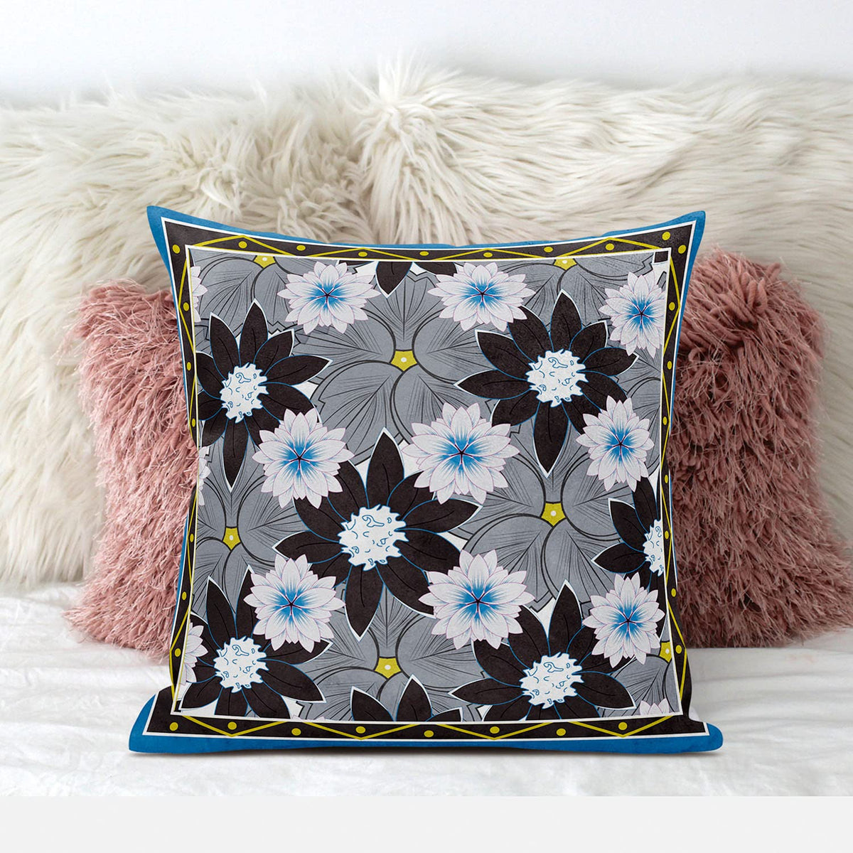 HomeRoots 16x16 Gray Brown Blue Blown Seam Broadcloth Floral Throw Pillow