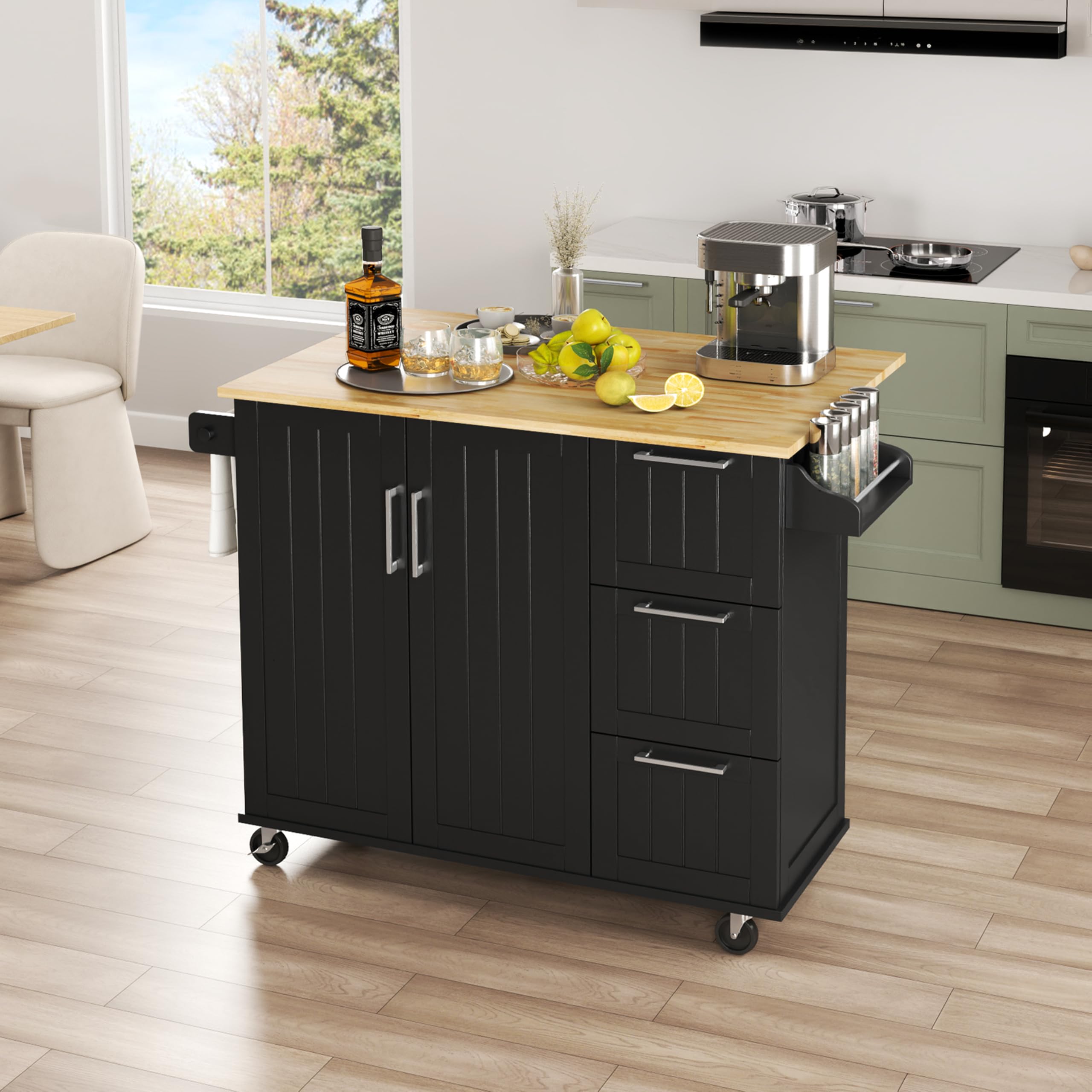 Yaheetech Kitchen Island Cart With Drop-Leaf Countertop, Rolling Kitchen Island Breakfast Bar Table On Wheels With Storage Cabinet & 3 Drawers & Spice Rack For Dinning Room, 49 Inch Width, Black