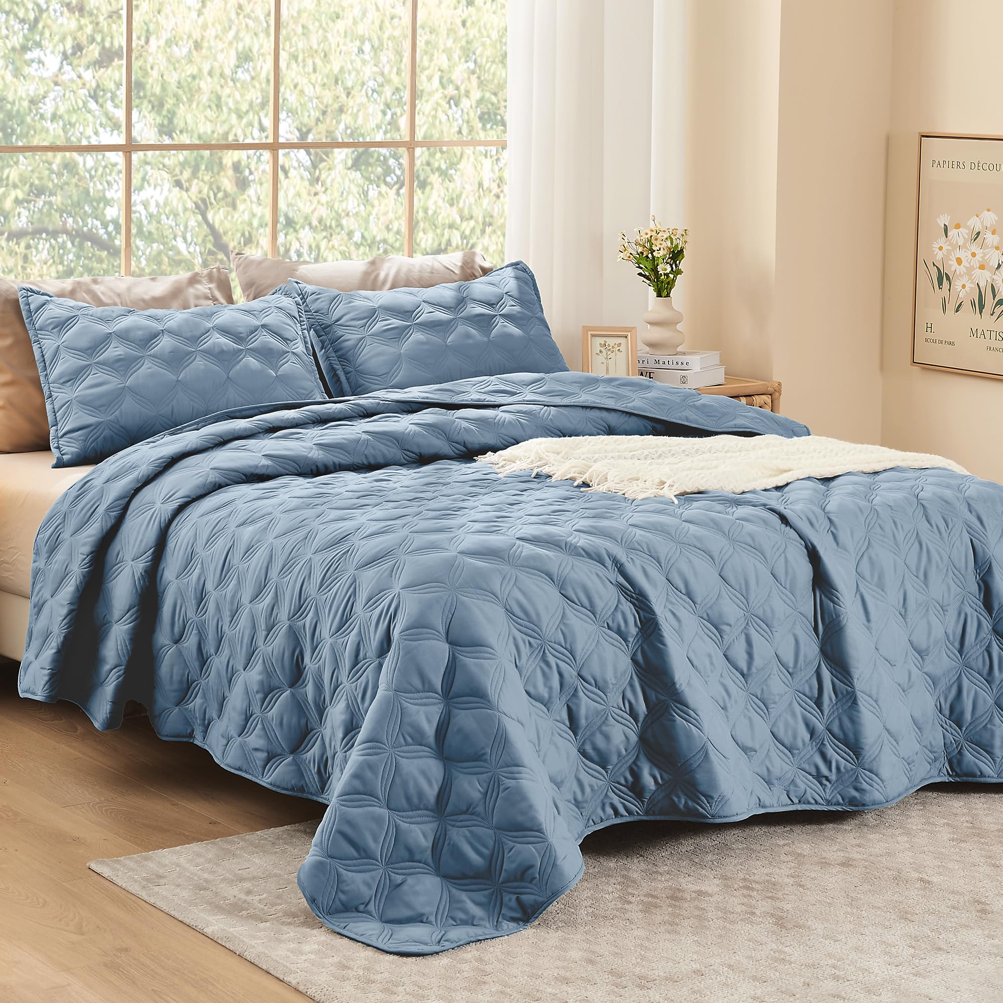 Litanika Oversized King Quilt Bedding Set, 128X120 Inch Super King Grayish Blue Comforter Bedspreads Lightweight Bed Coverlets B
