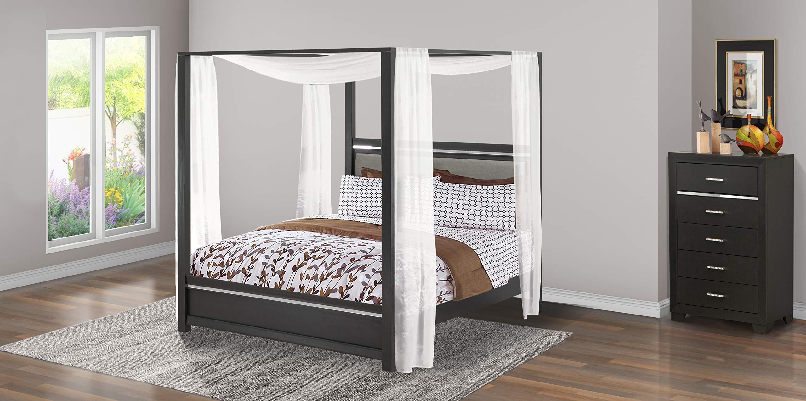 East West Furniture 2-Piece Denali Modern Wooden Bedroom Set-Adjustable LED Lighting Headboard Queen Size Bed and a Small Chest of Drawers, Brush Gray