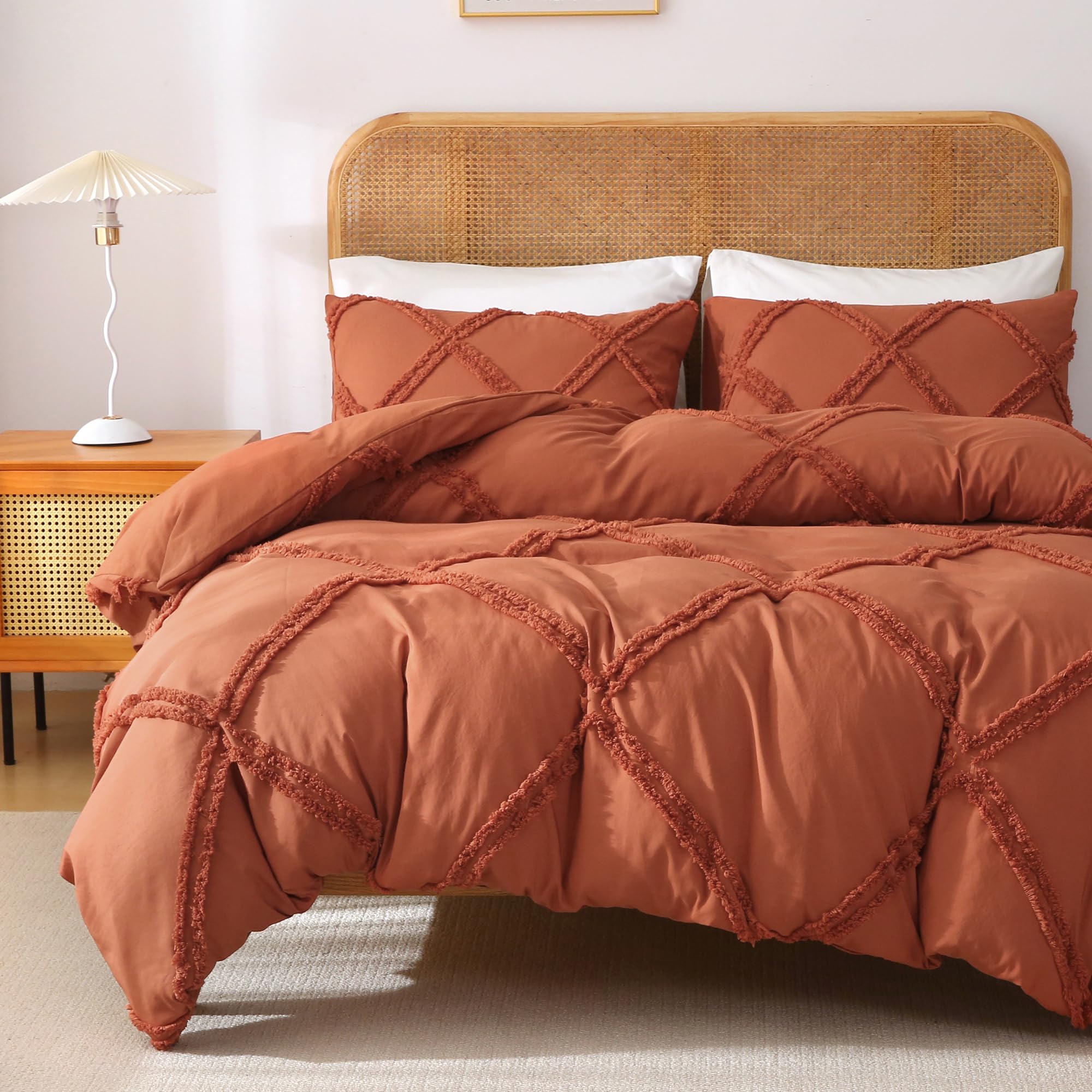 Mildly Boho Duvet Cover Pumpkin - Tufted Comforter Cover Set Geometric Textured Twin Size Bedding Set With Corner Ties & Zipper