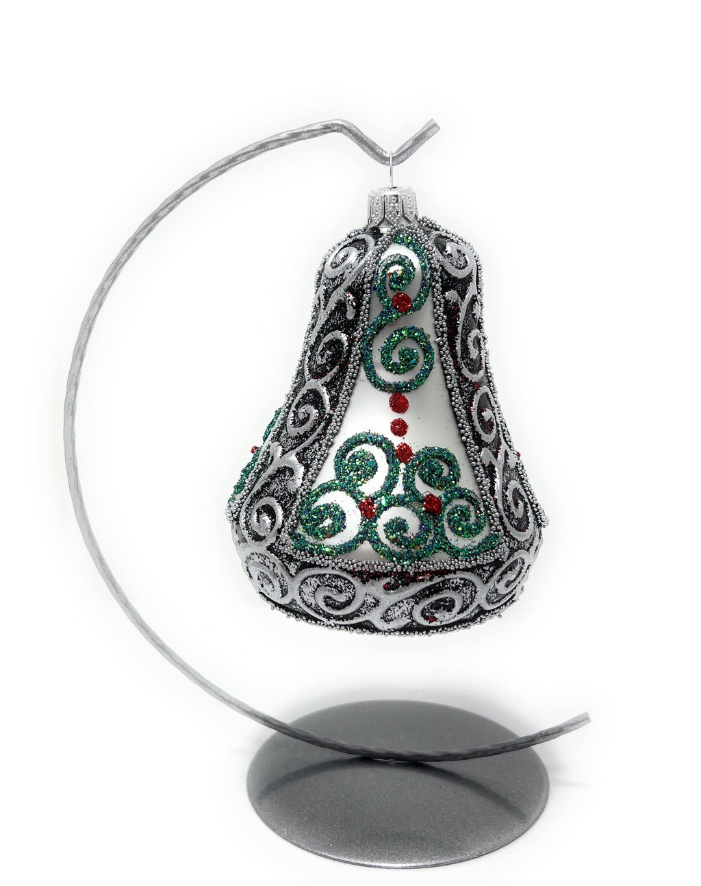 Polish Gallery Christmas Bell Ornament 4-Inch Blown Glass (Silver Embellished)