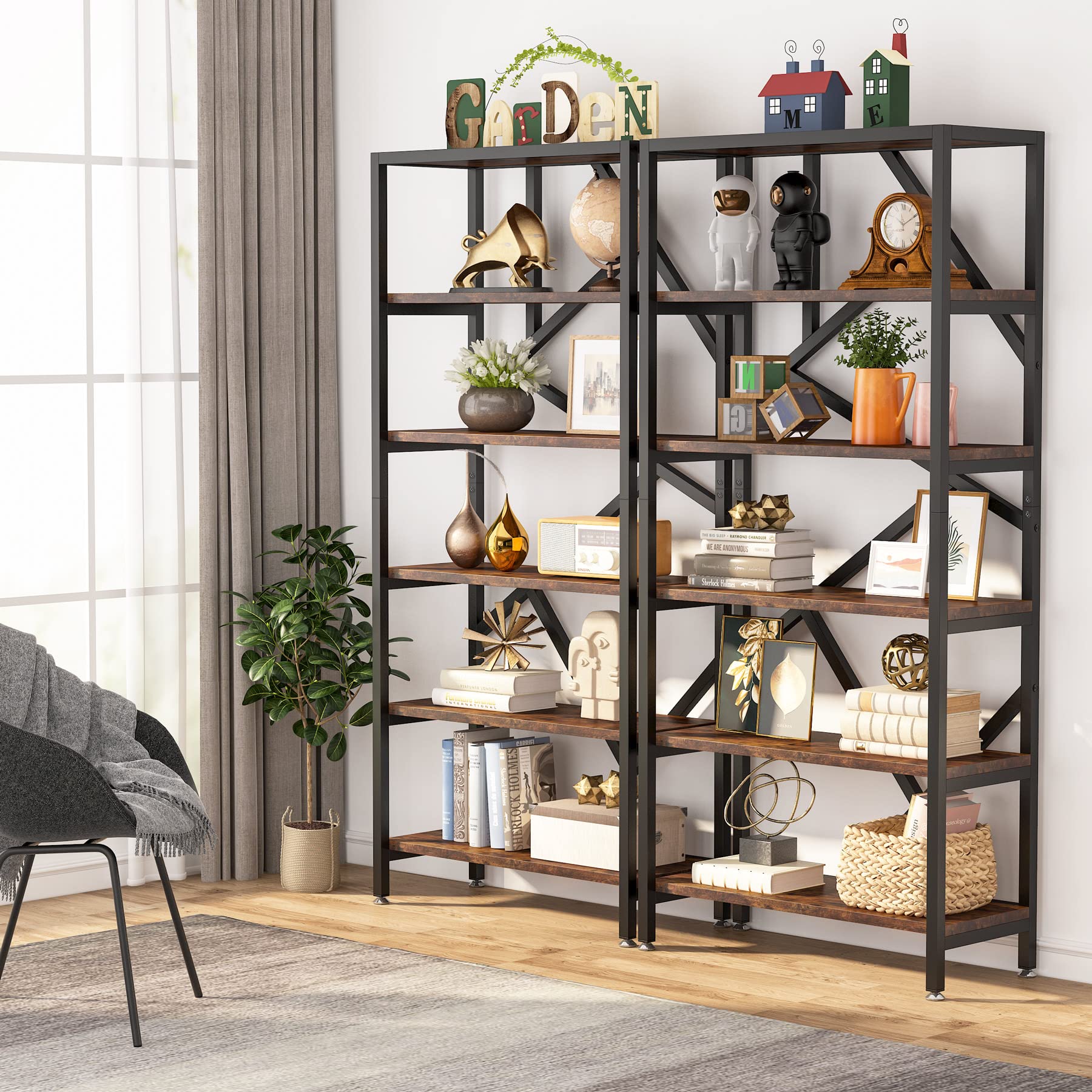 Tribesigns 71 Inch Industrial Bookshelf, 6 Shelf Etagere Bookcase, Free Standing Open Book Shelves Storage Display Shelf, Wood Shelving Units Organizer Rack For Bedroom Home Office Living Room