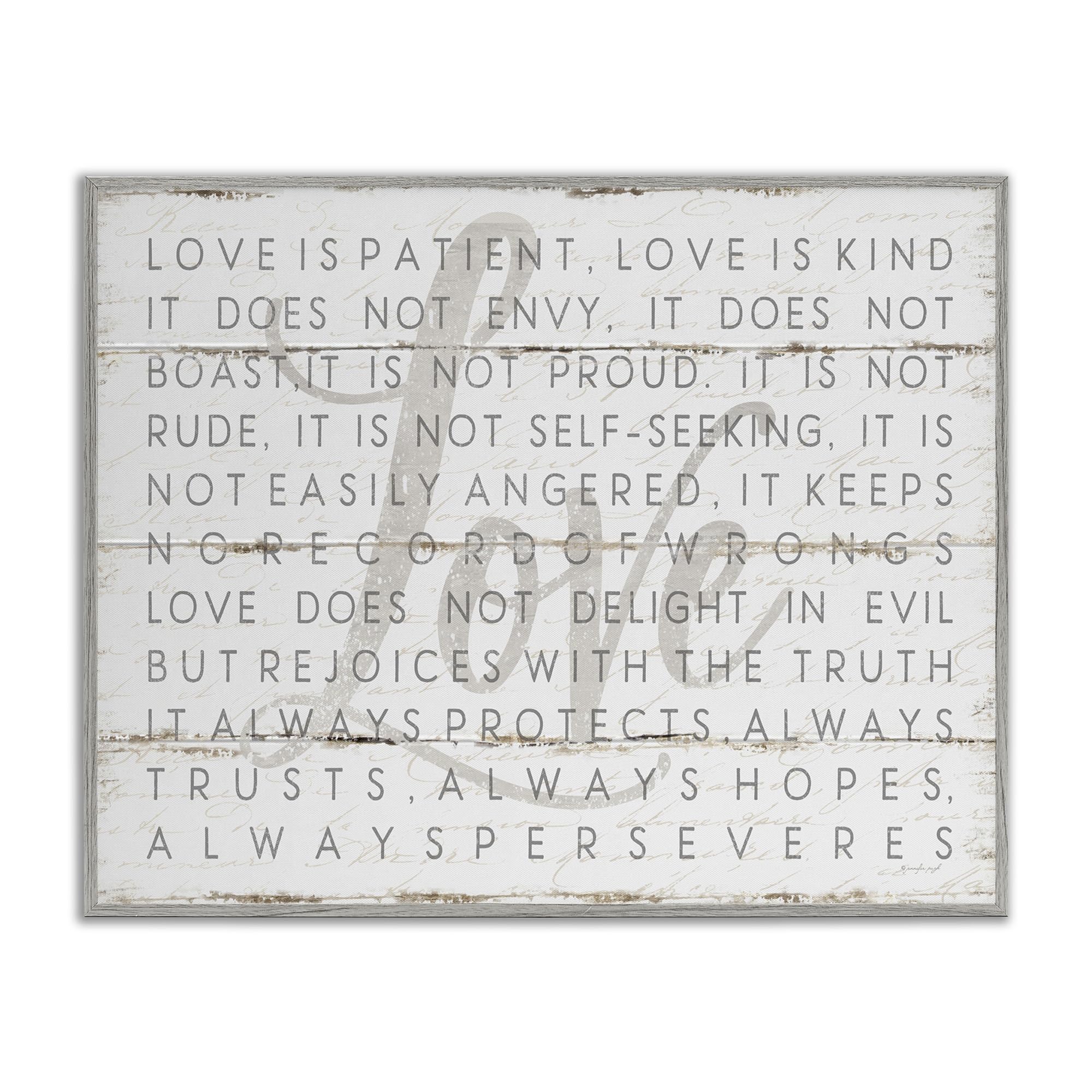 Stupell Industries Love Is Patient Grey on White Planked Look Framed Giclee Art Design by Jennifer Pugh