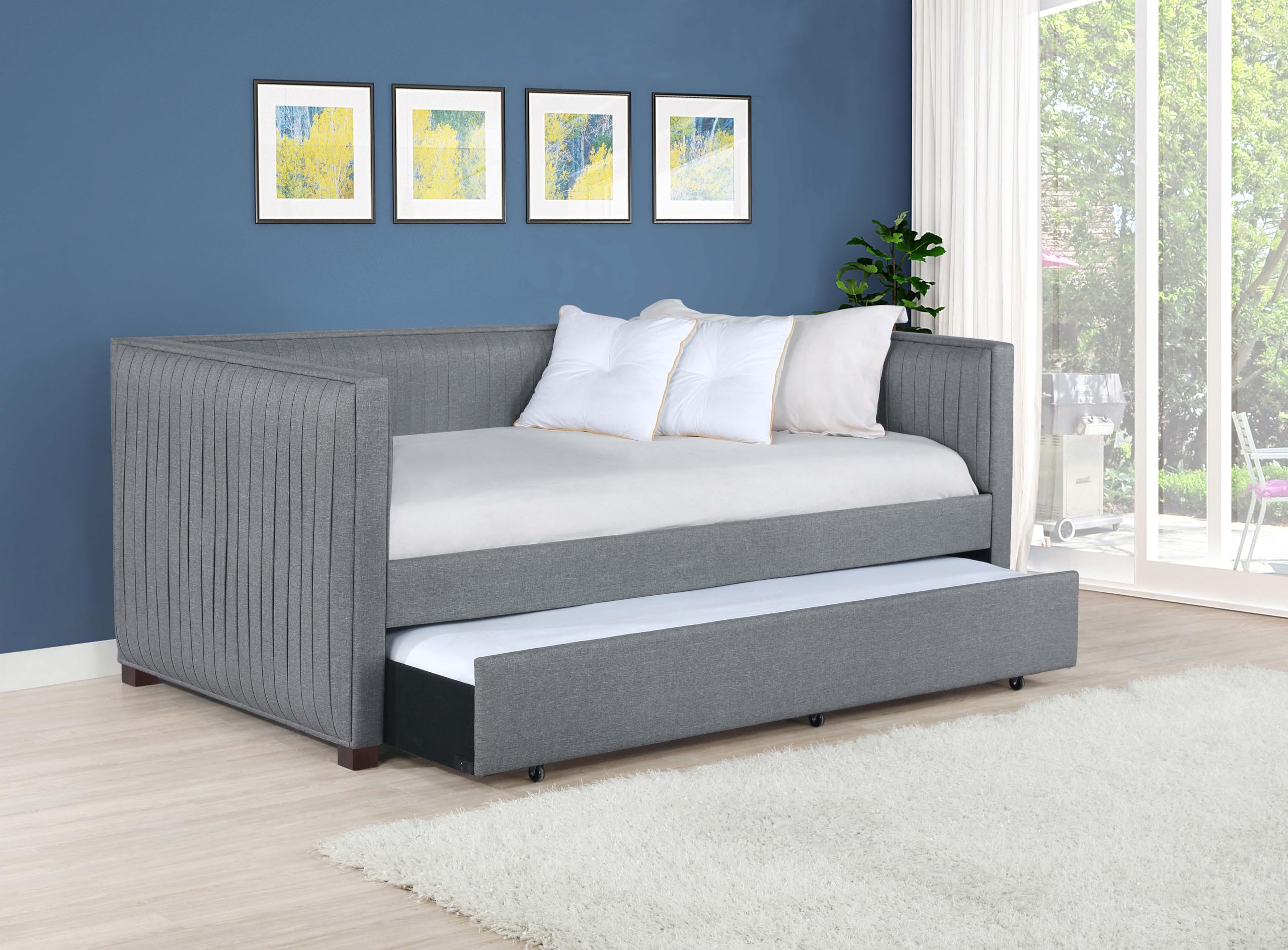 Coaster Home Furnishings Brodie Modern Classic Fabric Upholstered Twin Size Pleated Daybed with Trundle Bed for Guestroom 35-inch Headboard Bedroom Lounger Grey 300554