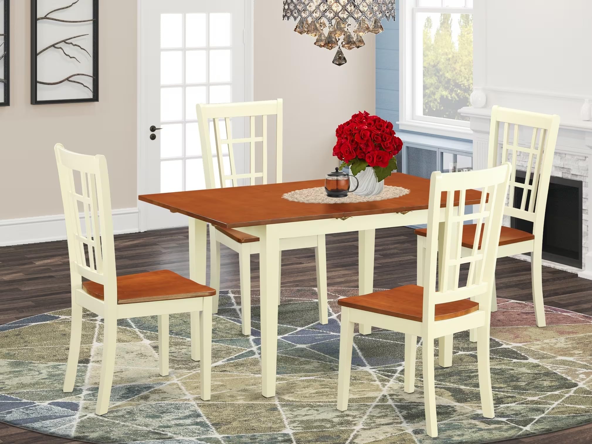 East West Furniture NONI5-WHI-W 5 Piece Kitchen Table Set for 4 Includes a Rectangle Dining Room Table with Butterfly Leaf and 4 Dining Chairs, 32x54 Inch, Buttermilk & Cherry