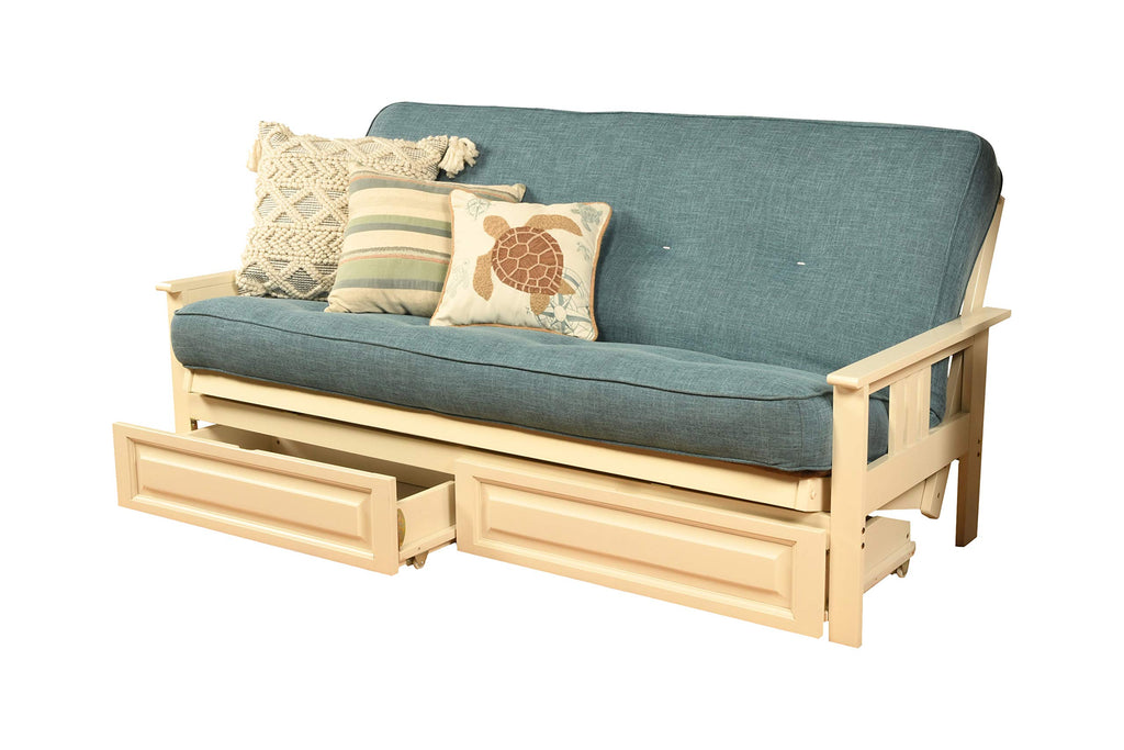 Kodiak Furniture Monterey Futon Set with Storage Drawers, with Antique White Base and Linen Aqua Mattress
