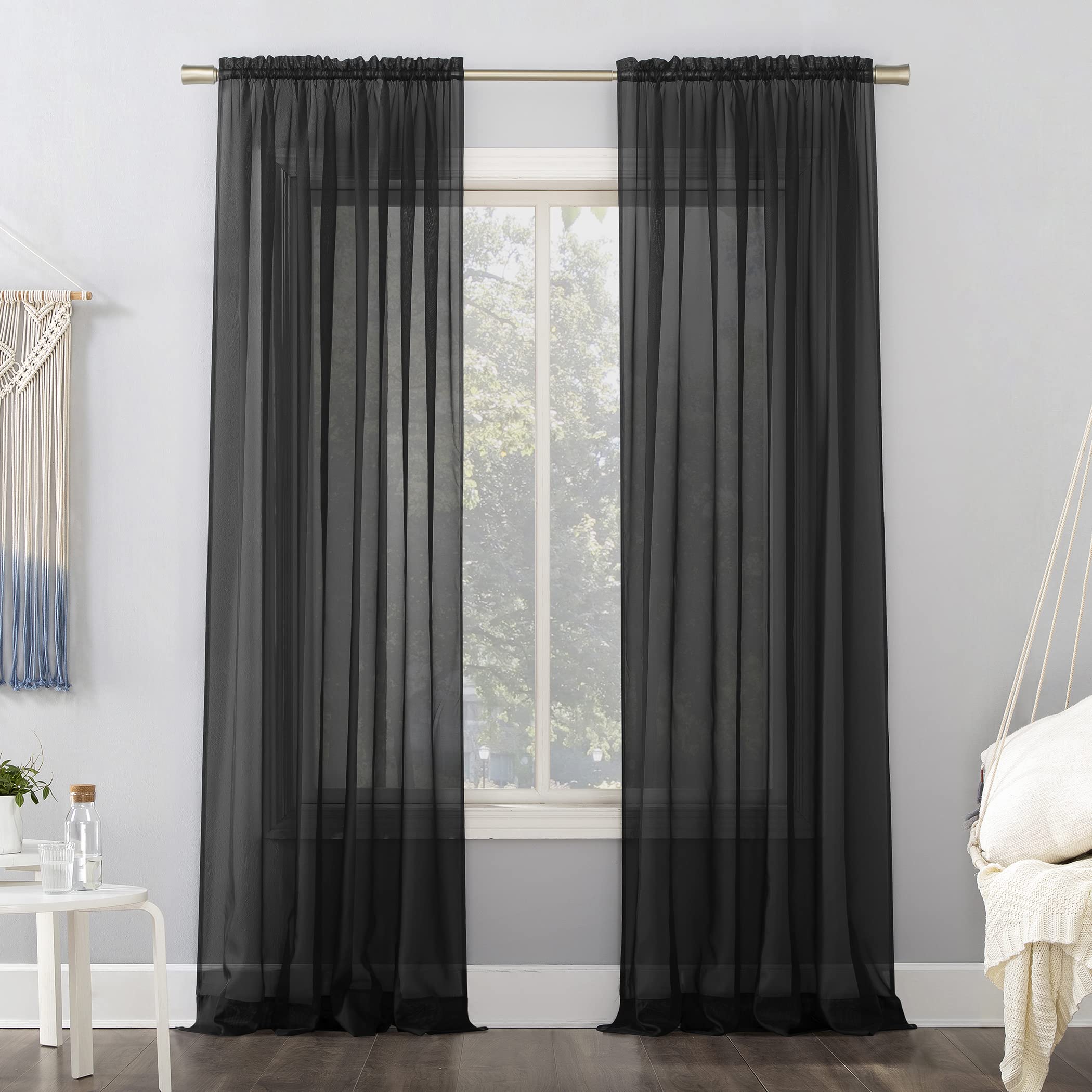 No. 918 53566 Emily Sheer Voile Rod Pocket Curtain Panel, 59'' x 95'', Black