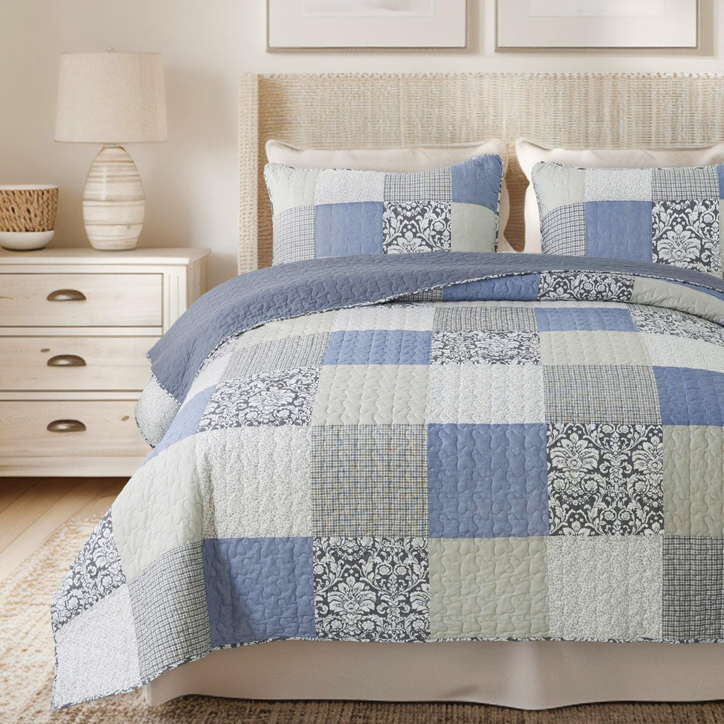 Slpr Sweet Dreams Cotton Quilt Set - Queen Size With 2 Shams, Pieced Patchwork Bedding In Blue And Gray, Country Style Farmhouse