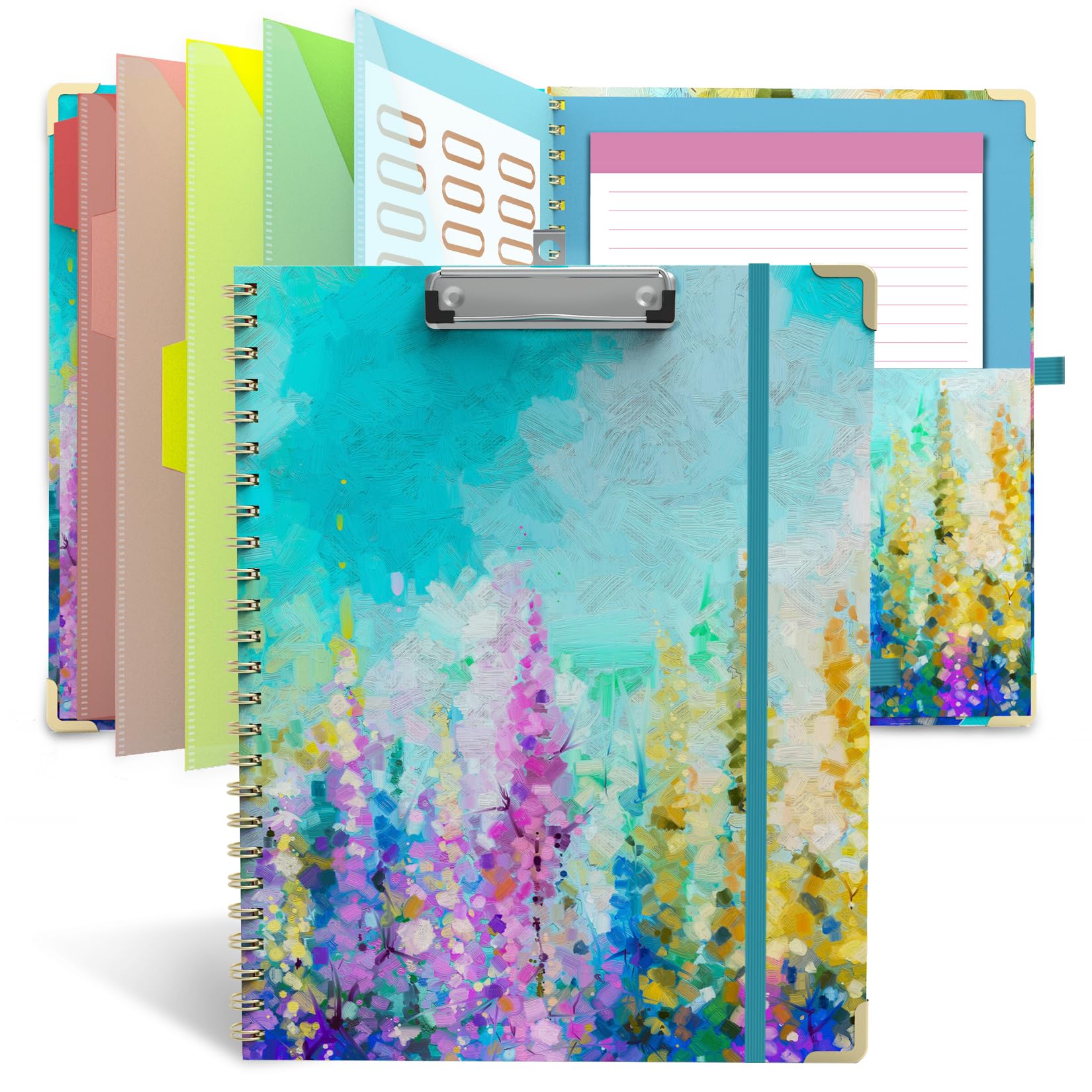 Clipboard Folio With Notepad For Letter Size (11' X 8.5'), 5 Extra Folders With Storage 10 Pockets, 39 File Folder Labels, Ela