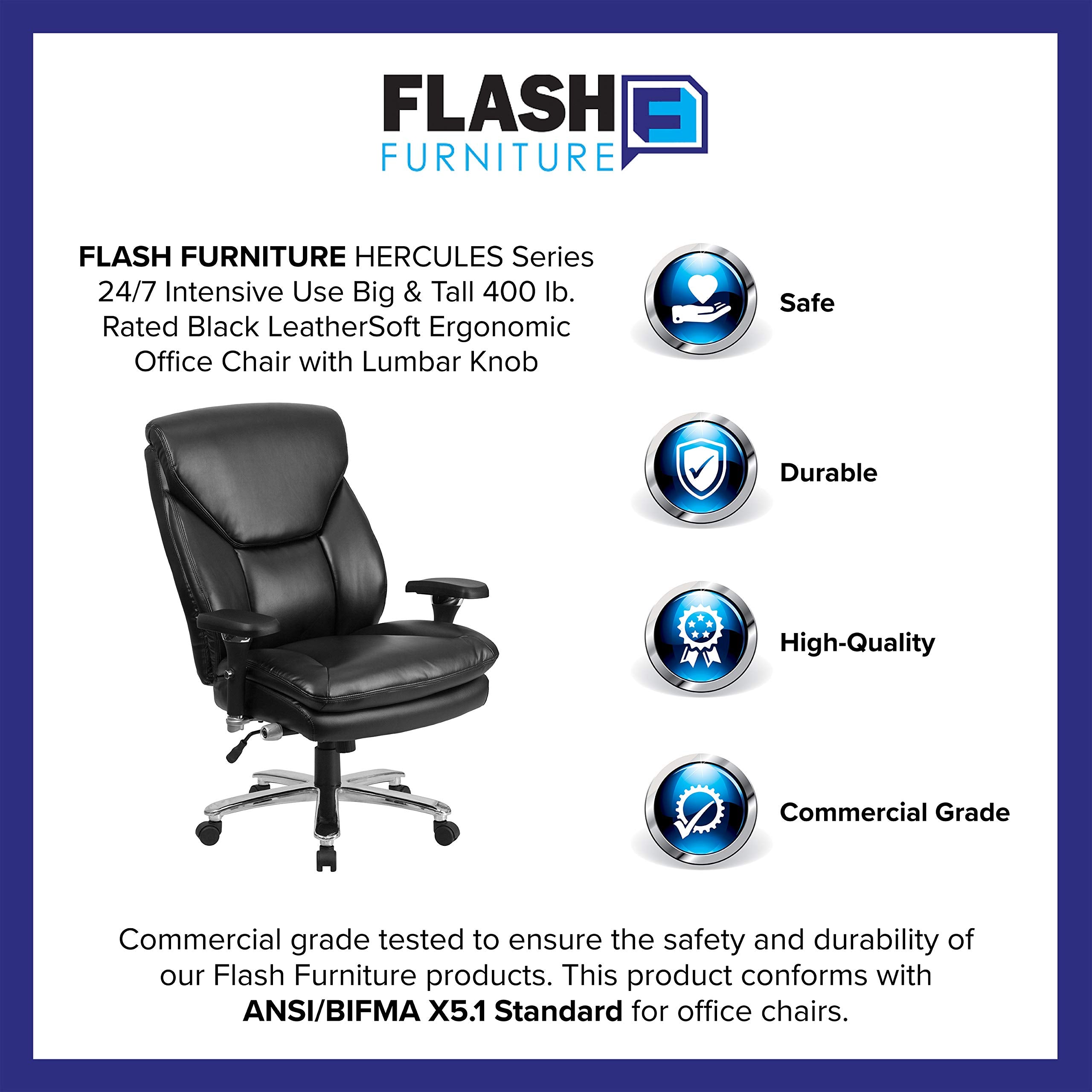 Flash Furniture Hercules Series 24/7 Intensive Use Big & Tall 400 Lb. Rated Black Leathersoft Ergonomic Office Chair With Lumbar Knob