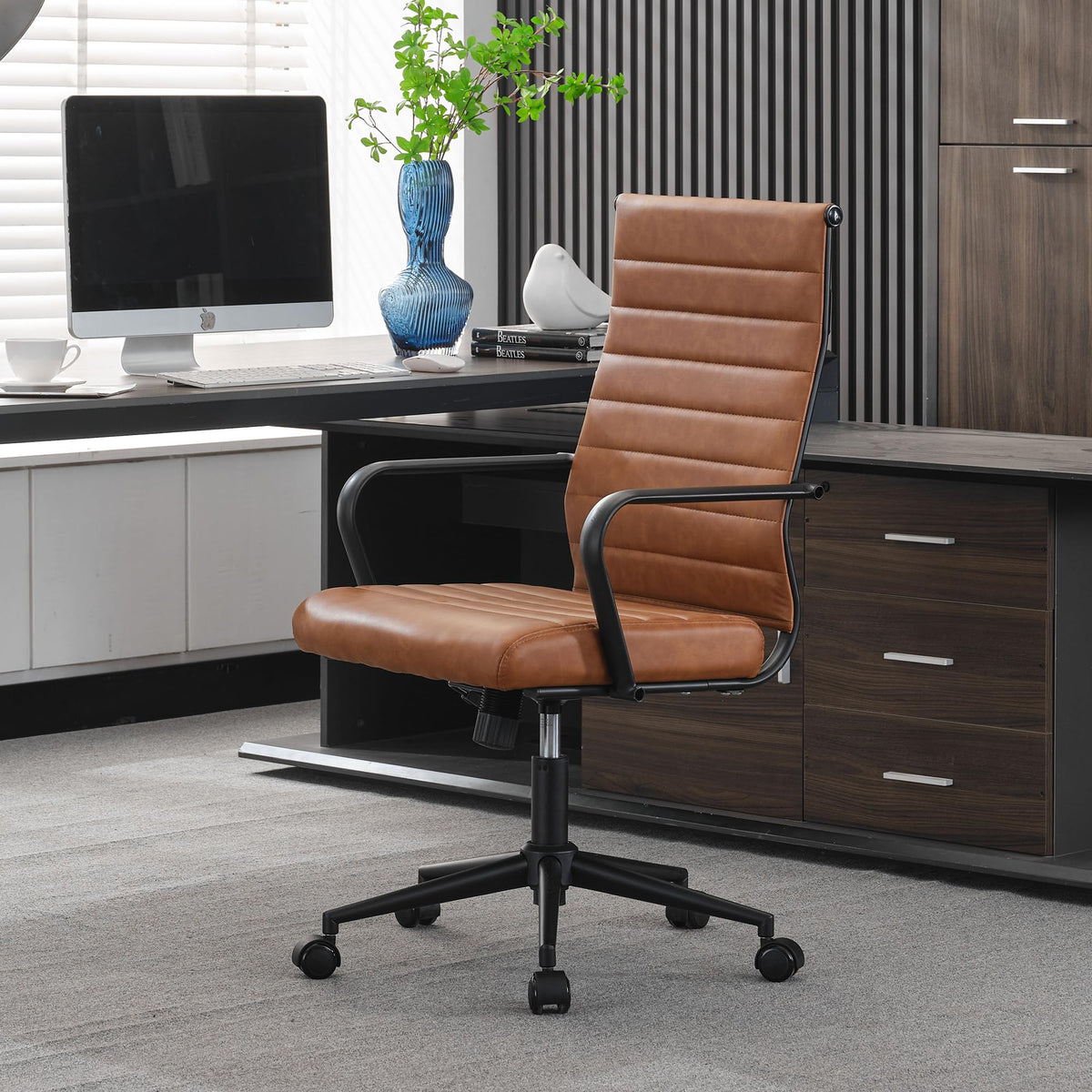 Okeysen Leather Office Desk Chair, Mid-Century Modern Leather Conference Room Chairs, Ergonomic Executive Ribbed Height Adjustab