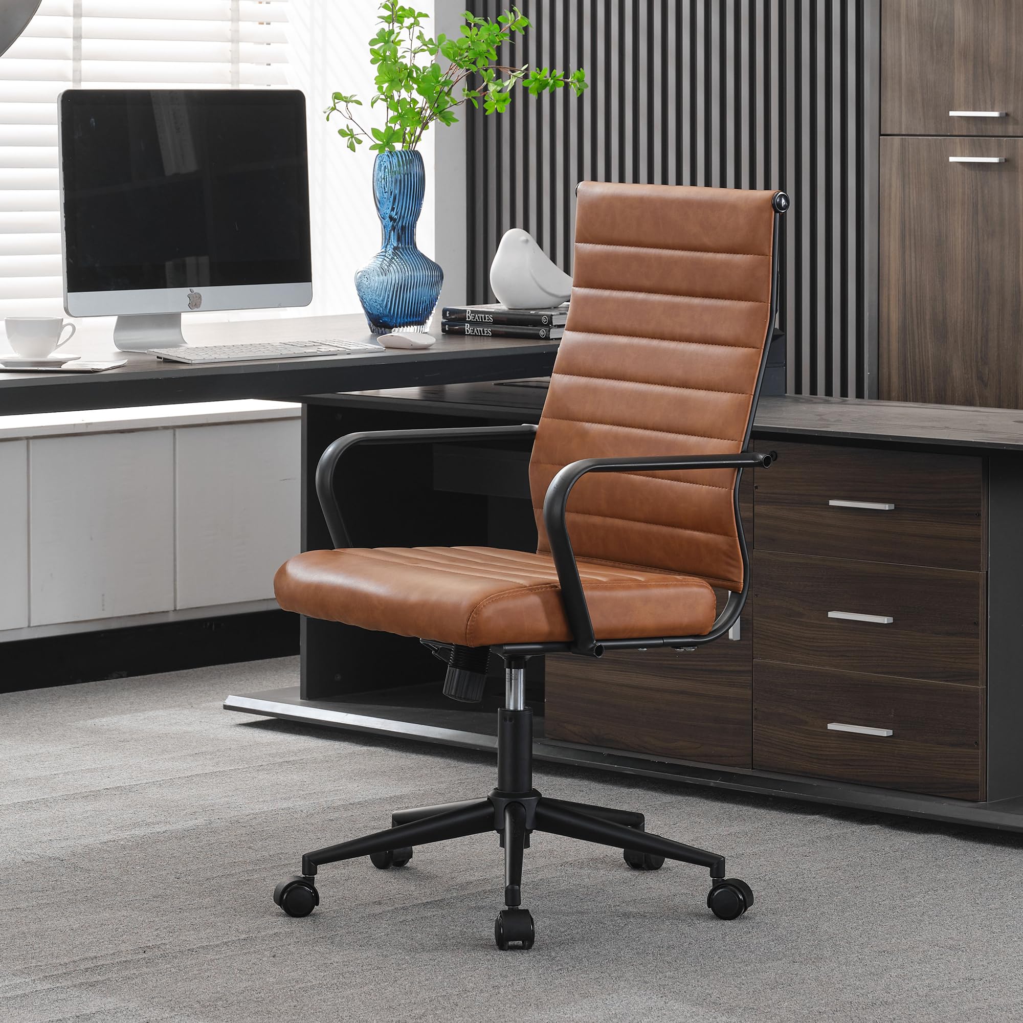 Okeysen Leather Office Desk Chair, Mid-Century Modern Leather Conference Room Chairs, Ergonomic Executive Ribbed Height Adjustab