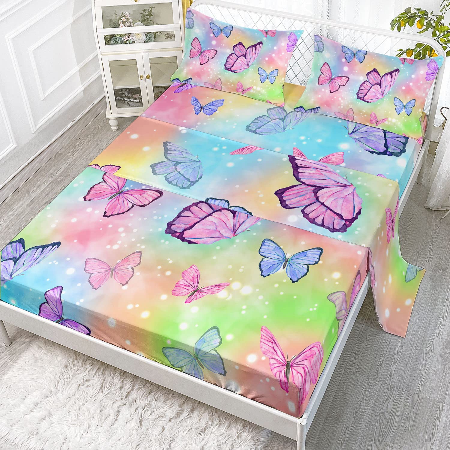 Datura Home Butterfly Sheet Set Fitted And Flat 4Pcs Rainbow Printed With 1 + 2 Pillowcases For Girls (Rainbow Queen), Queen 91X