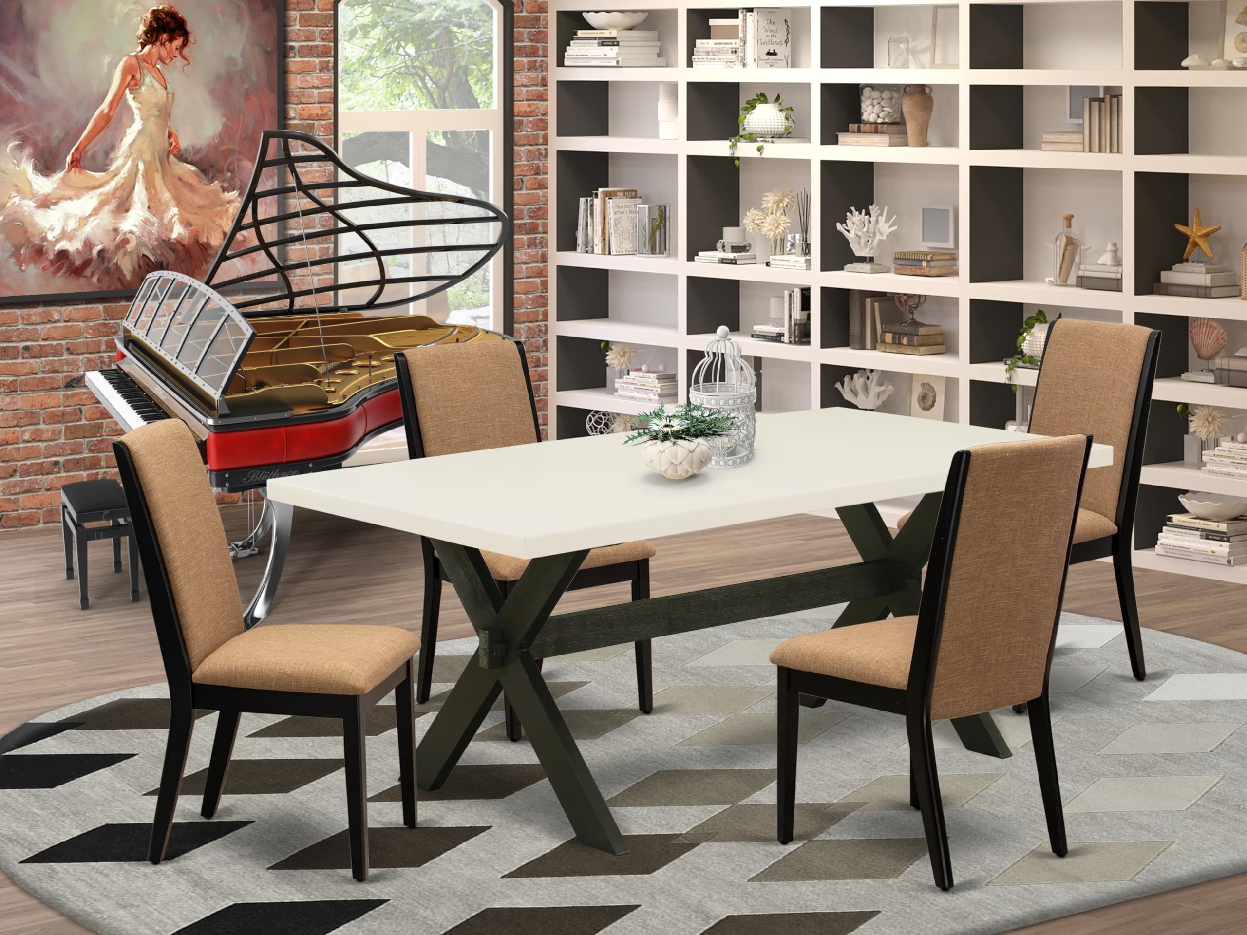 East West Furniture X627La147-5 5 Piece Dining Set Includes A Rectangle Dining Room Table With X-Legs And 4 Light Sable Linen Fabric Upholstered Parson Chairs, 40X72 Inch, Multi-Color
