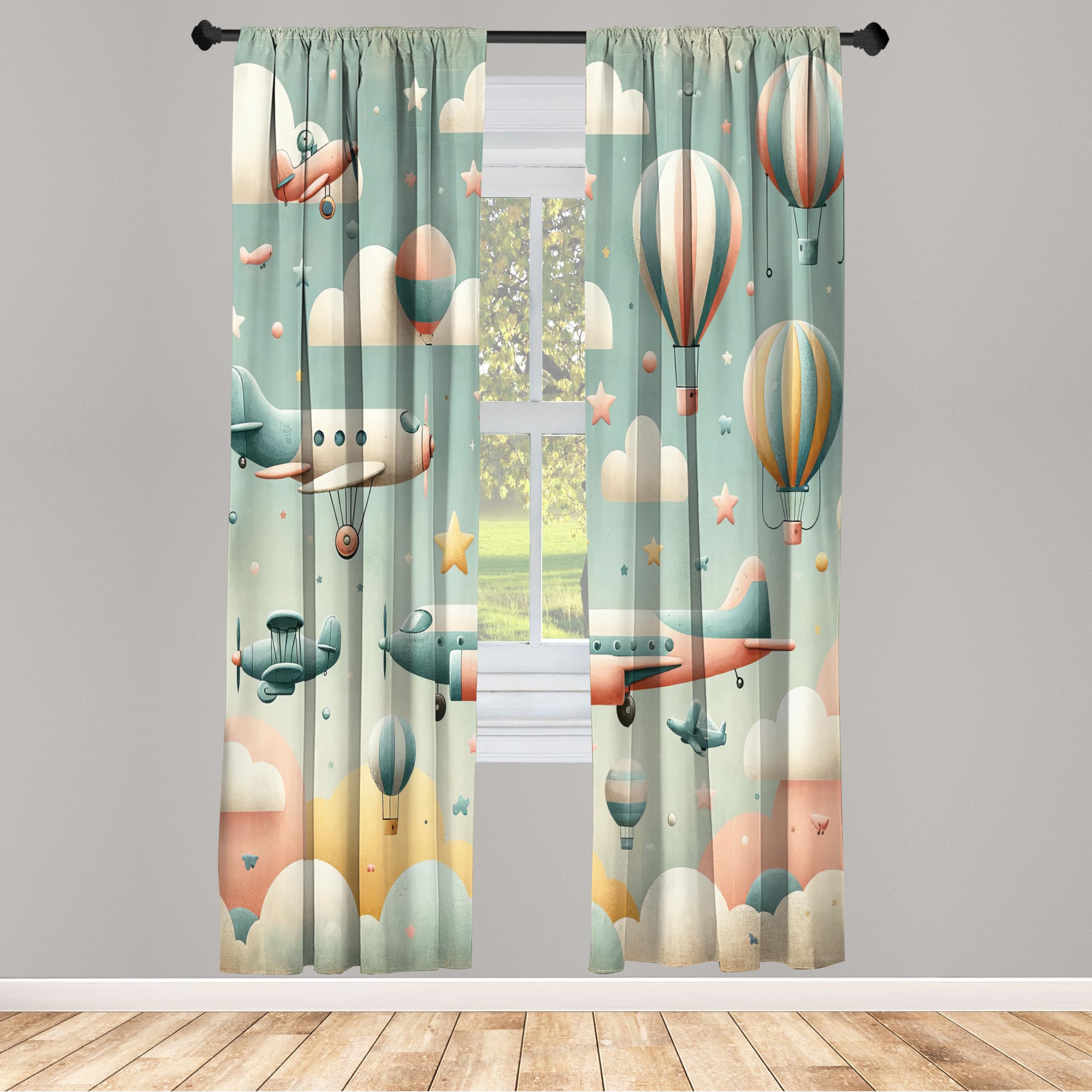Ambesonne Planes Window Curtains Pack Of 2, Cartoon Sky Scenario With Clouds Aircrafts Balloons Starry Atmosphere, Lightweight S