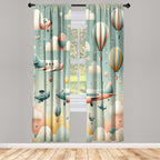 Ambesonne Planes Window Curtains Pack Of 2, Cartoon Sky Scenario With Clouds Aircrafts Balloons Starry Atmosphere, Lightweight S