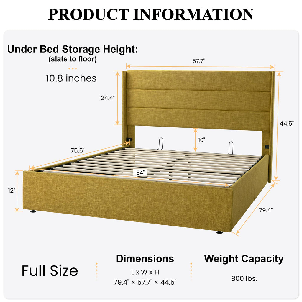 Sha Cerlin Full Size Lift Up Storage Bed/Modern Wingback Headboard/Upholstered Platform Bed Frame/Hydraulic Storage/No Box Spring Needed/Wood Slats Support/Olive Yellow