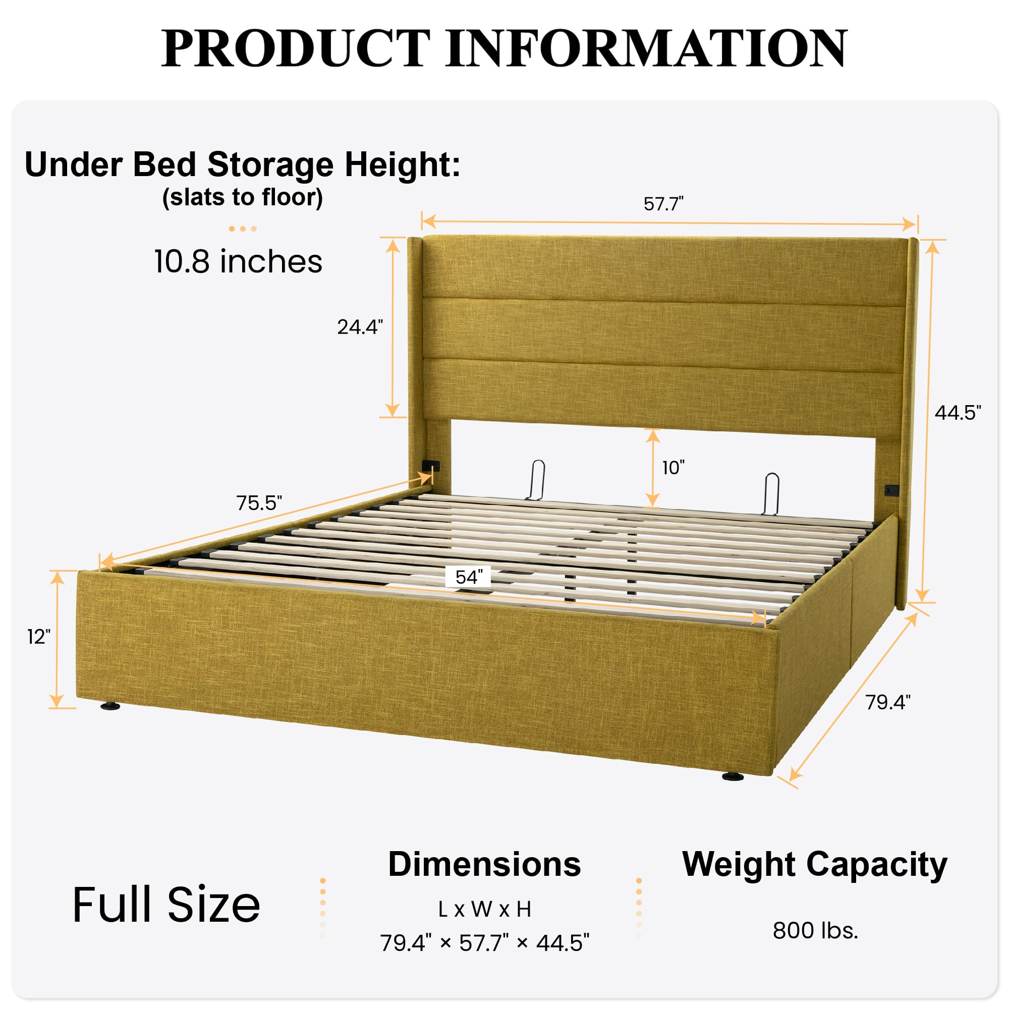 Sha Cerlin Full Size Lift Up Storage Bed/Modern Wingback Headboard/Upholstered Platform Bed Frame/Hydraulic Storage/No Box Spring Needed/Wood Slats Support/Olive Yellow