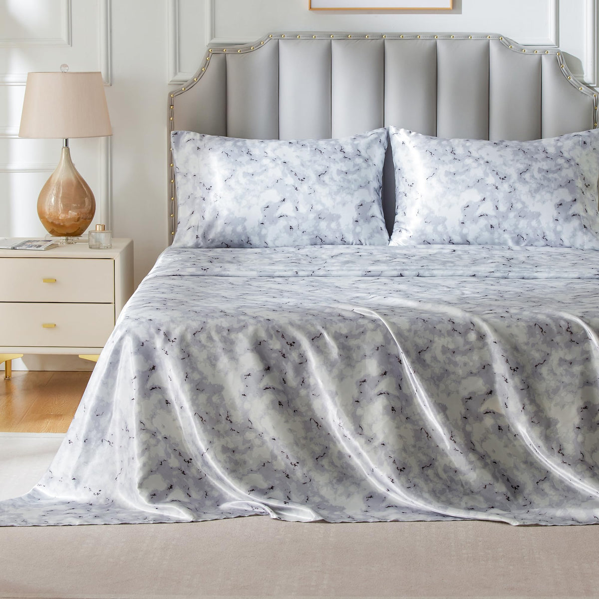 Freshculture Satin Sheets King Size, Silky Soft Satin Bed Sheets, 4 Psc Marble Satin Sheets With Deep Pocket, Similar To Silk Sh