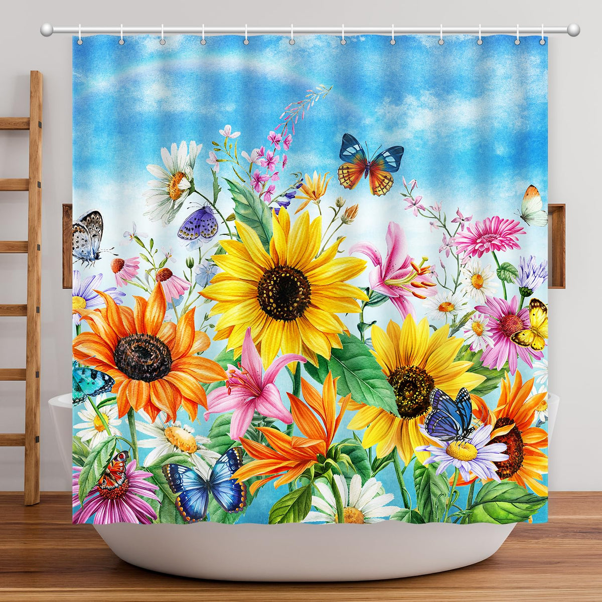 Blue Sky Shower Curtain, Sunflower Shower Curtain Flower Butterfly Modern Spring Summer Thicken Shower Curtain Sets Polyester Wa