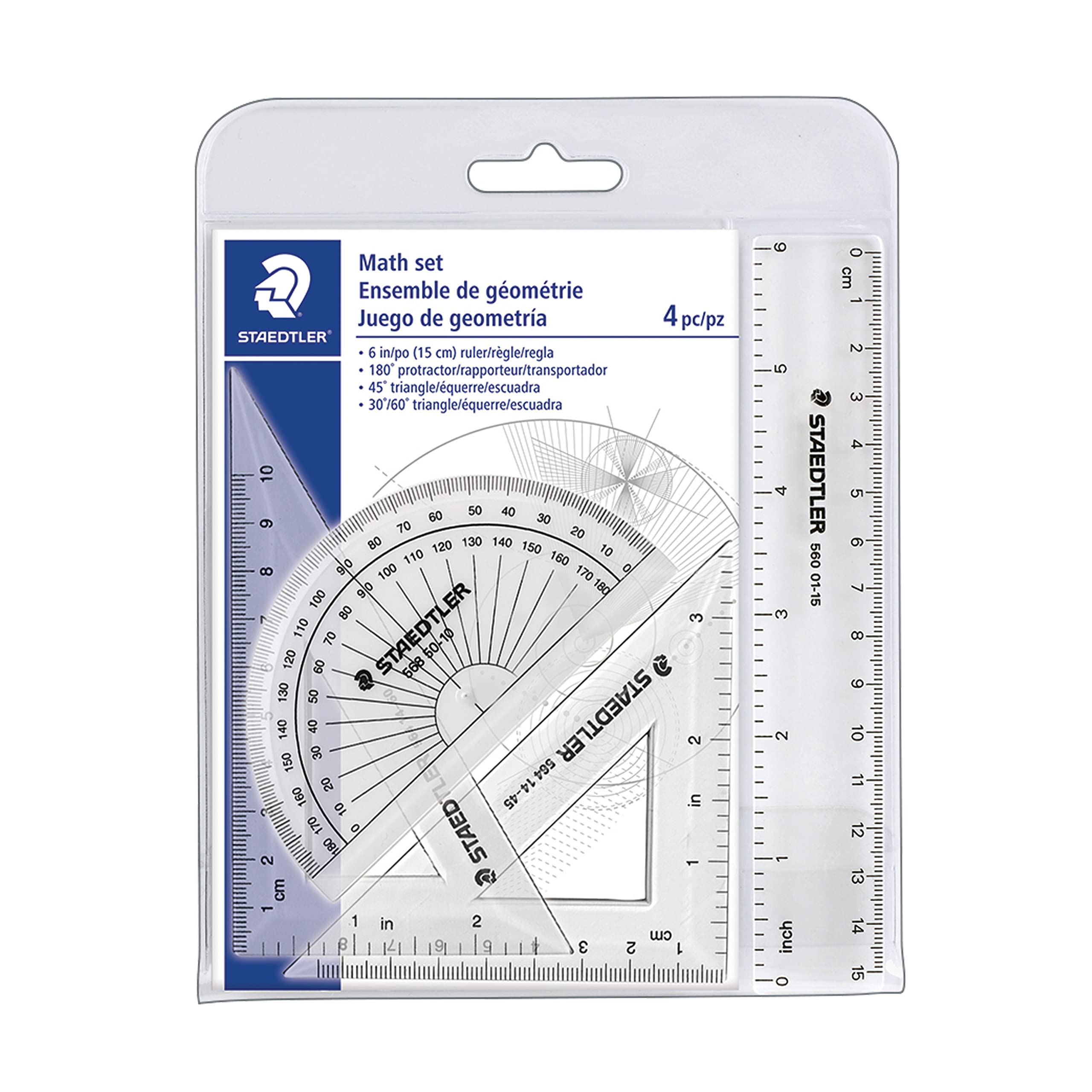 Staedtler Math Set With Ruler, 2 Triangles, Protractor, Portable 4 Piece, 569 Wp4
