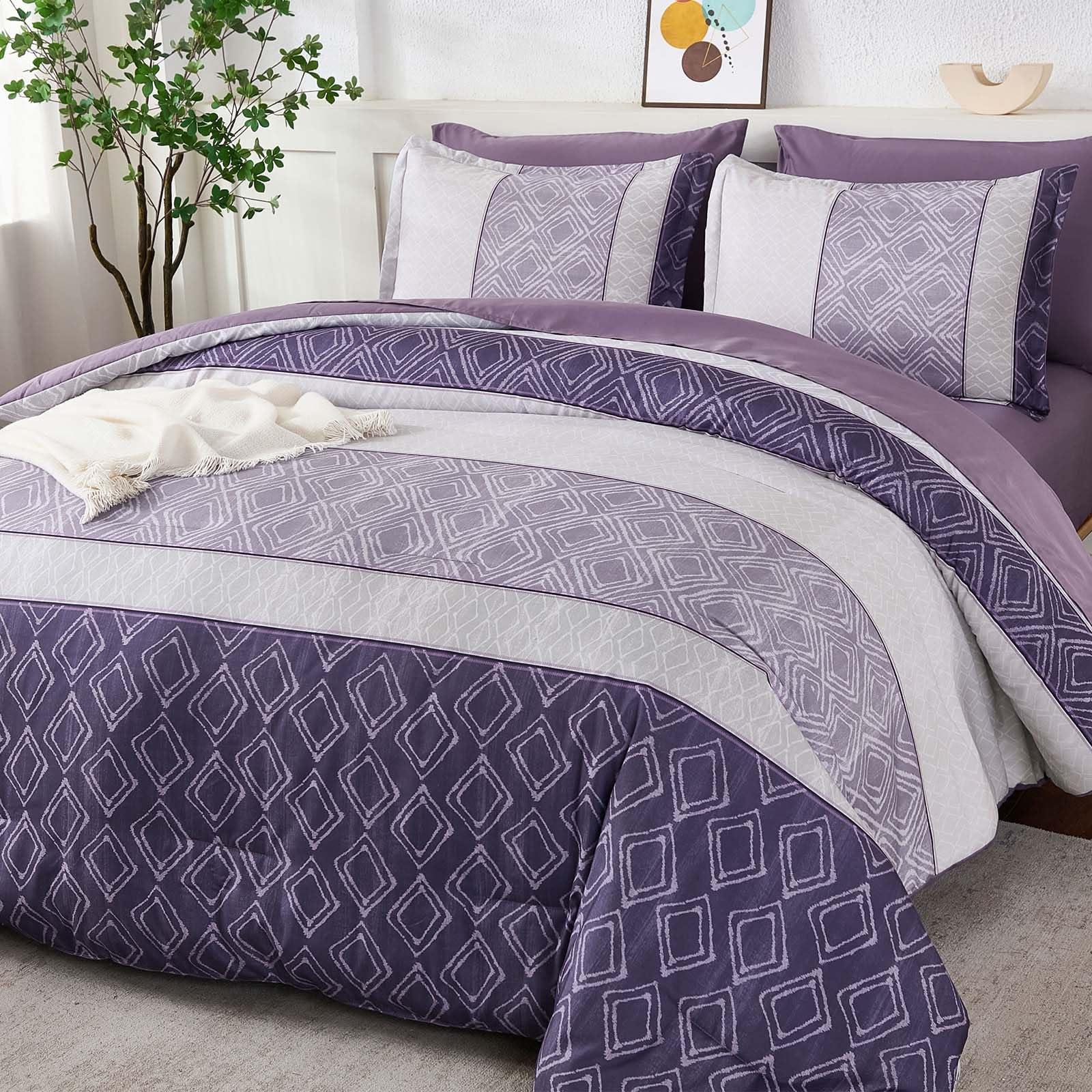 Dinjoy Purple King Size Comforter Set,Striped Bed In A Bag King 7 Pieces Soft Microfiber Bedding Comforters Sets Boho Fall Bed C