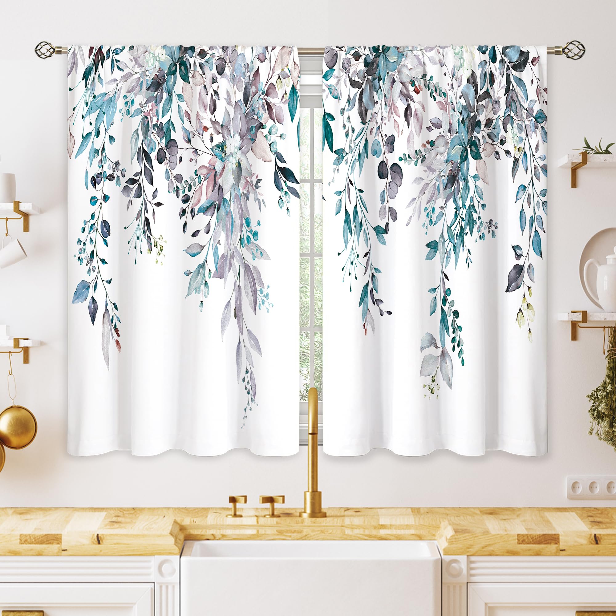 Oolygoo Blue Grey Eucalyptus Botanical Leaves Floral Kitchen Window Curtains Over Sink Farmhouse Flower Leaf Small Window Treatm