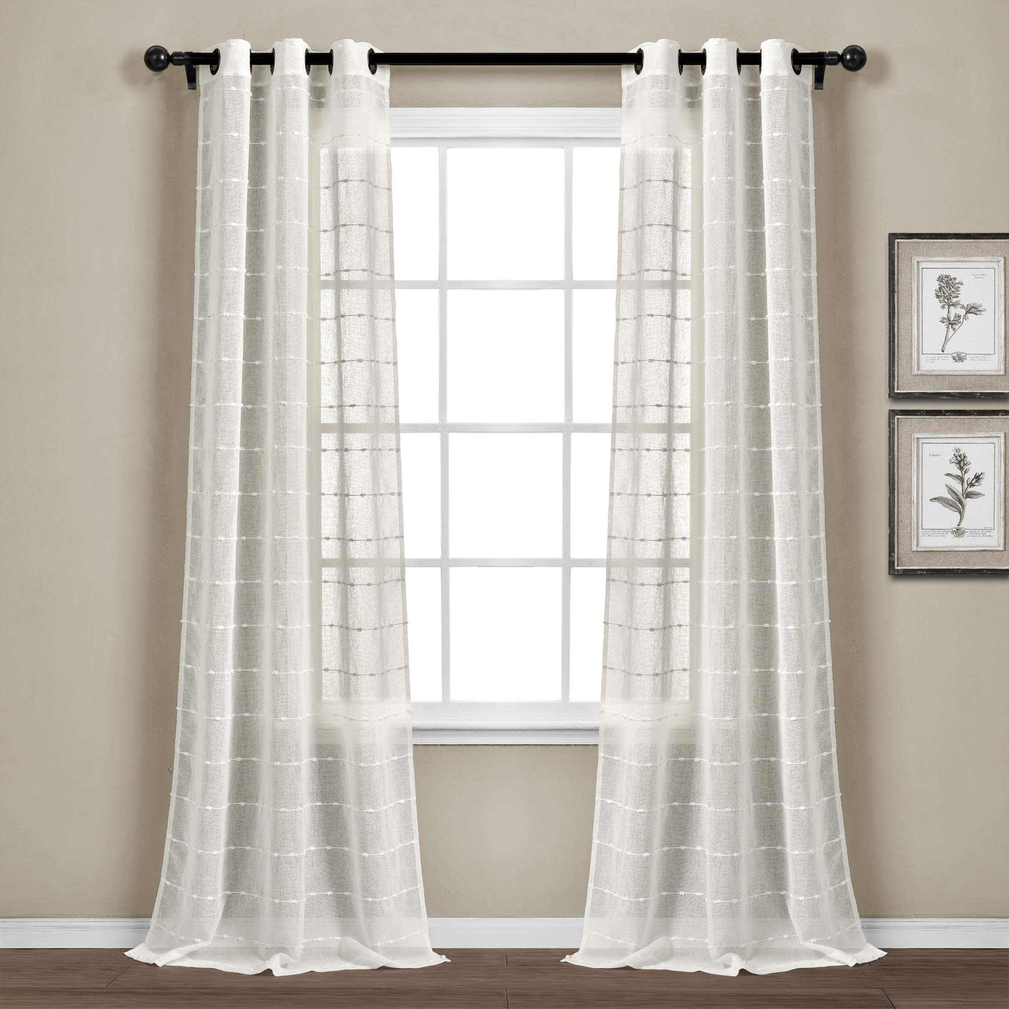 Lush Decor Farmhouse Textured Grommet Sheer Window Curtain Panel Pair, 38'W X 95'L, White