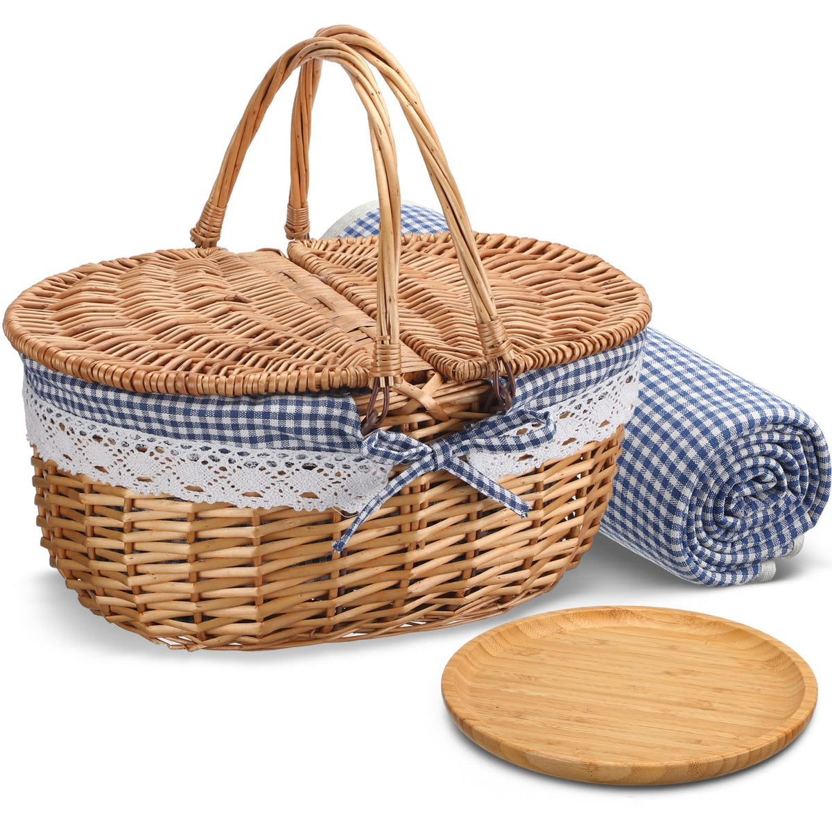 Gandeer Picnic Basket with Blanket and Bamboo Plate Picnic Supplies, Blue