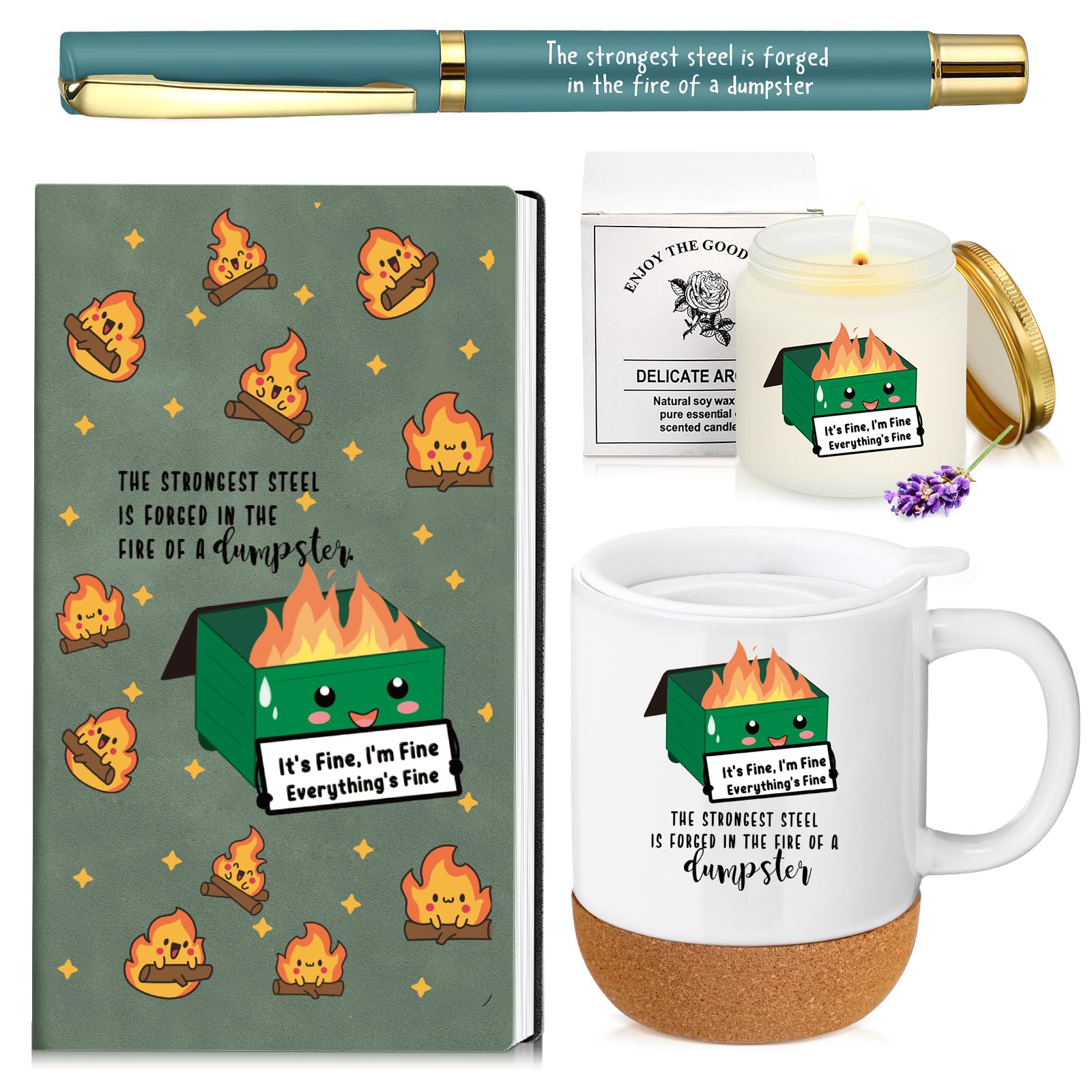 Sayglossy 4 Pcs Christmas Dumpster Emotional Funny Gifts Set for Employee Coworker Notebook Ballpoint Pen Mug Scented Candle App