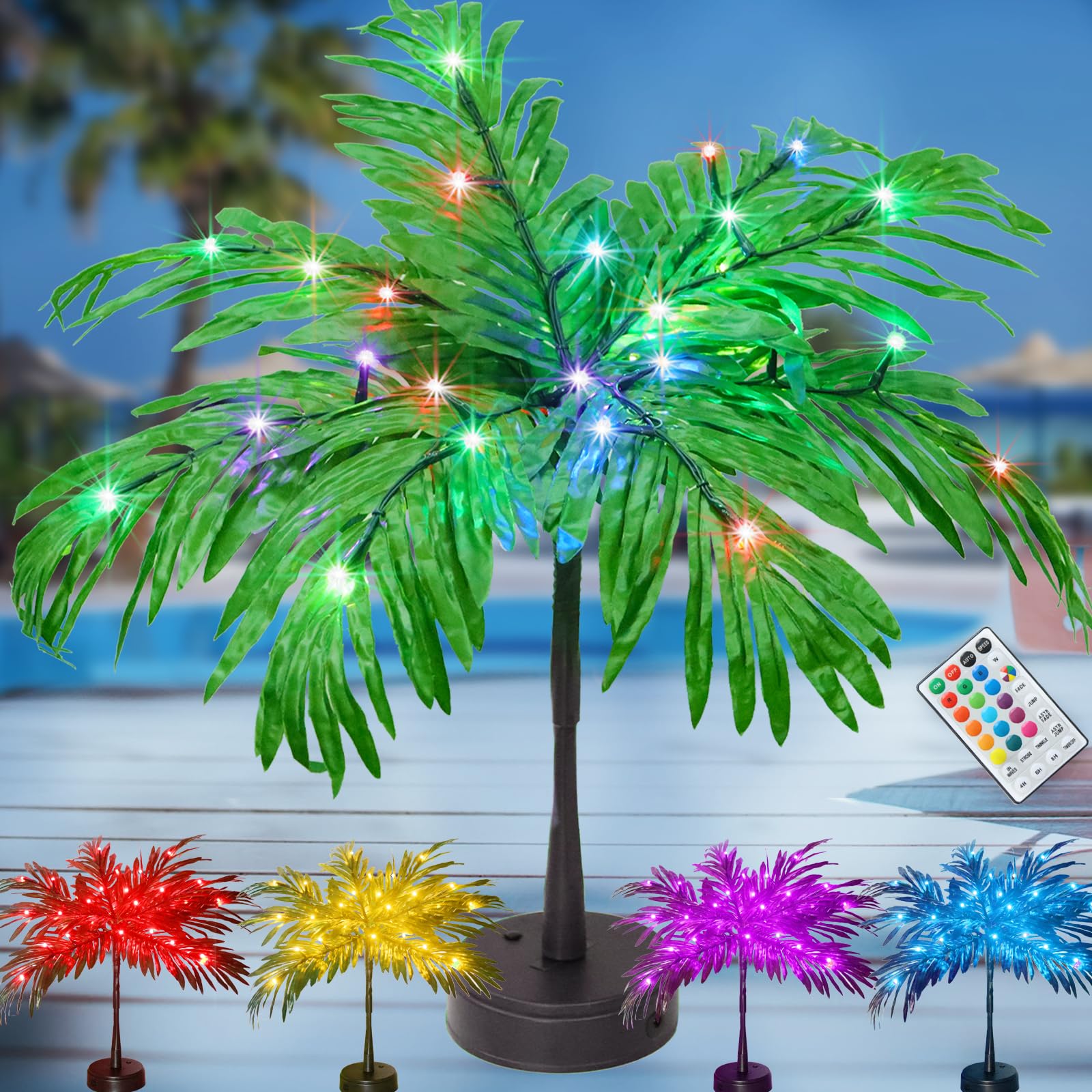 Palm Tree Tropical Party Decorations, 23In Color Changing Light Up Palm Tree Battery USB Powered Lighted Palm Tree Artificial LE