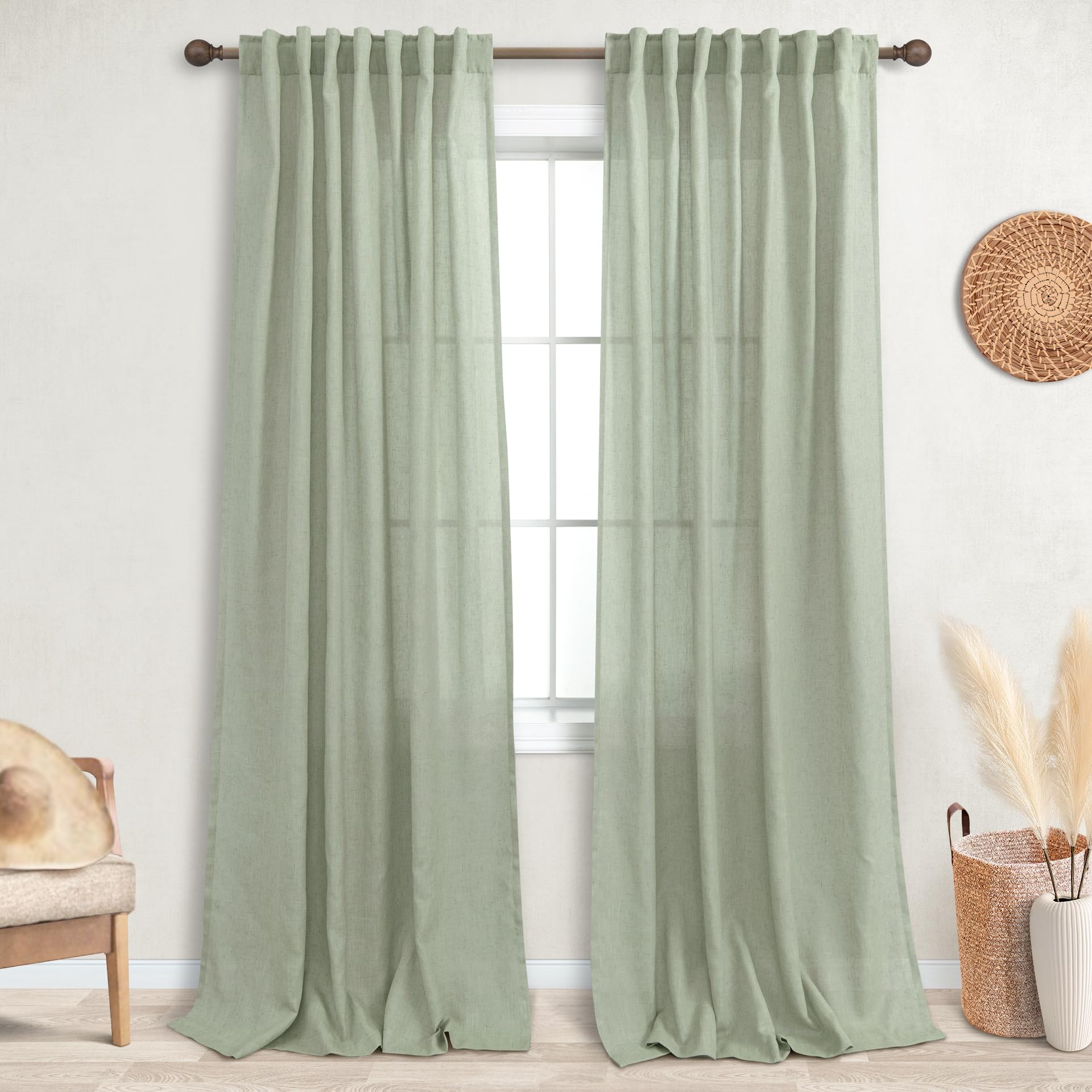 Koufall Sage Green Back Tab Rod Pocket Linen Sheer Curtains For Living Room 52X90 Inches Long