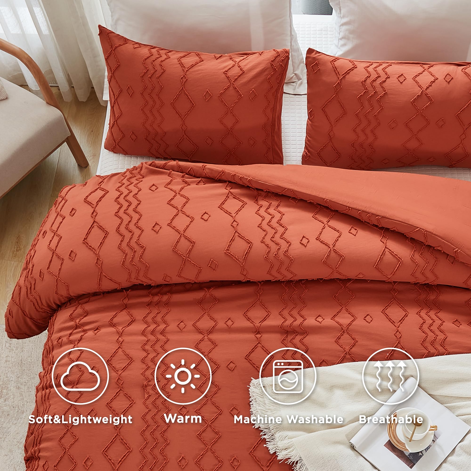 Andency Terracotta Tufted Comforter Set King(104X90Inch), 3 Pieces(1 Boho Comforter, 2 Pillowcases) Textured Farmhouse Comforter, Soft Microfiber Down Alternative Geometric Comforter Bedding Set