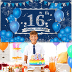 Blue Silver Happy 16Th Birthday Decorations For Boys Girls Blue Silver Happy 16Th Birthday Banner Blue Silver 16Th Birthday Part