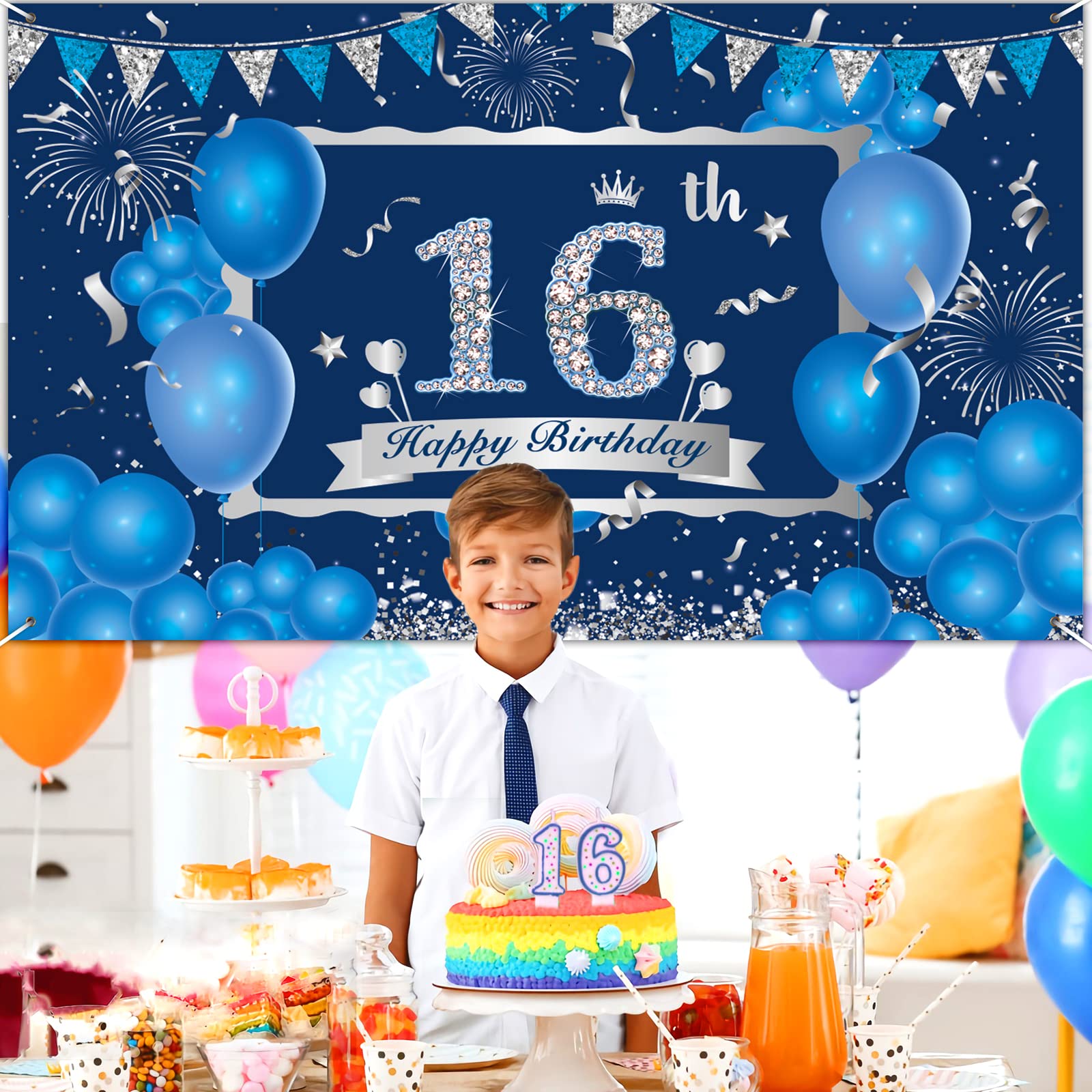 Blue Silver Happy 16Th Birthday Decorations For Boys Girls Blue Silver Happy 16Th Birthday Banner Blue Silver 16Th Birthday Part