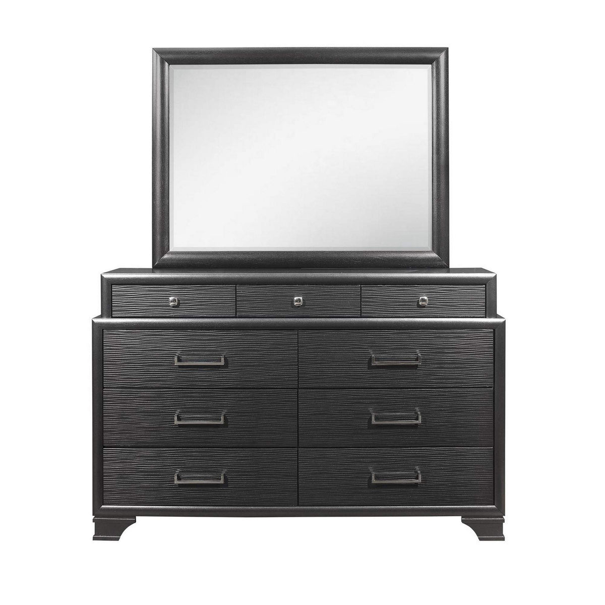 HomeRoots 57&quot; Gray Solid Wood Mirrored Nine Drawer