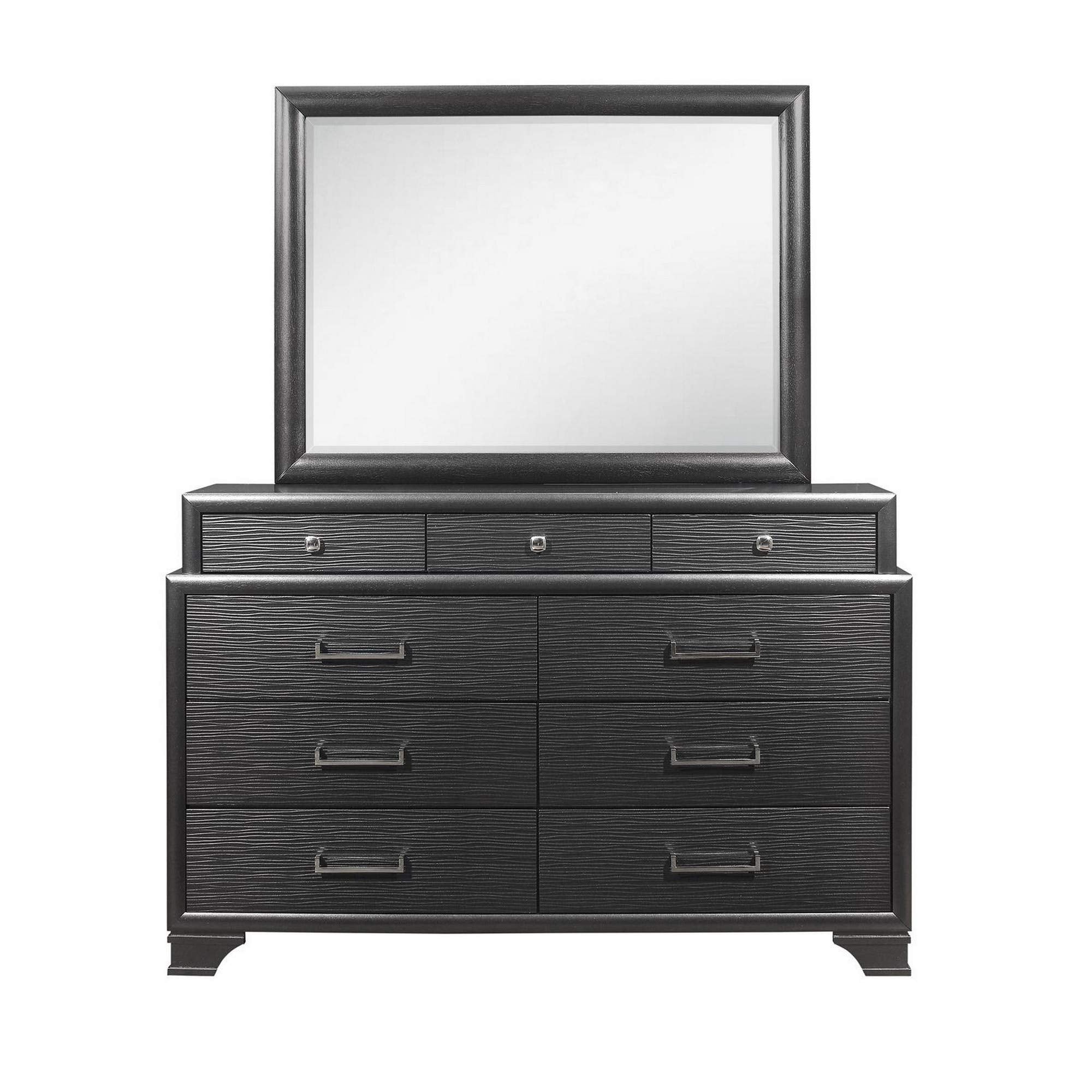 HomeRoots 57" Gray Solid Wood Mirrored Nine Drawer