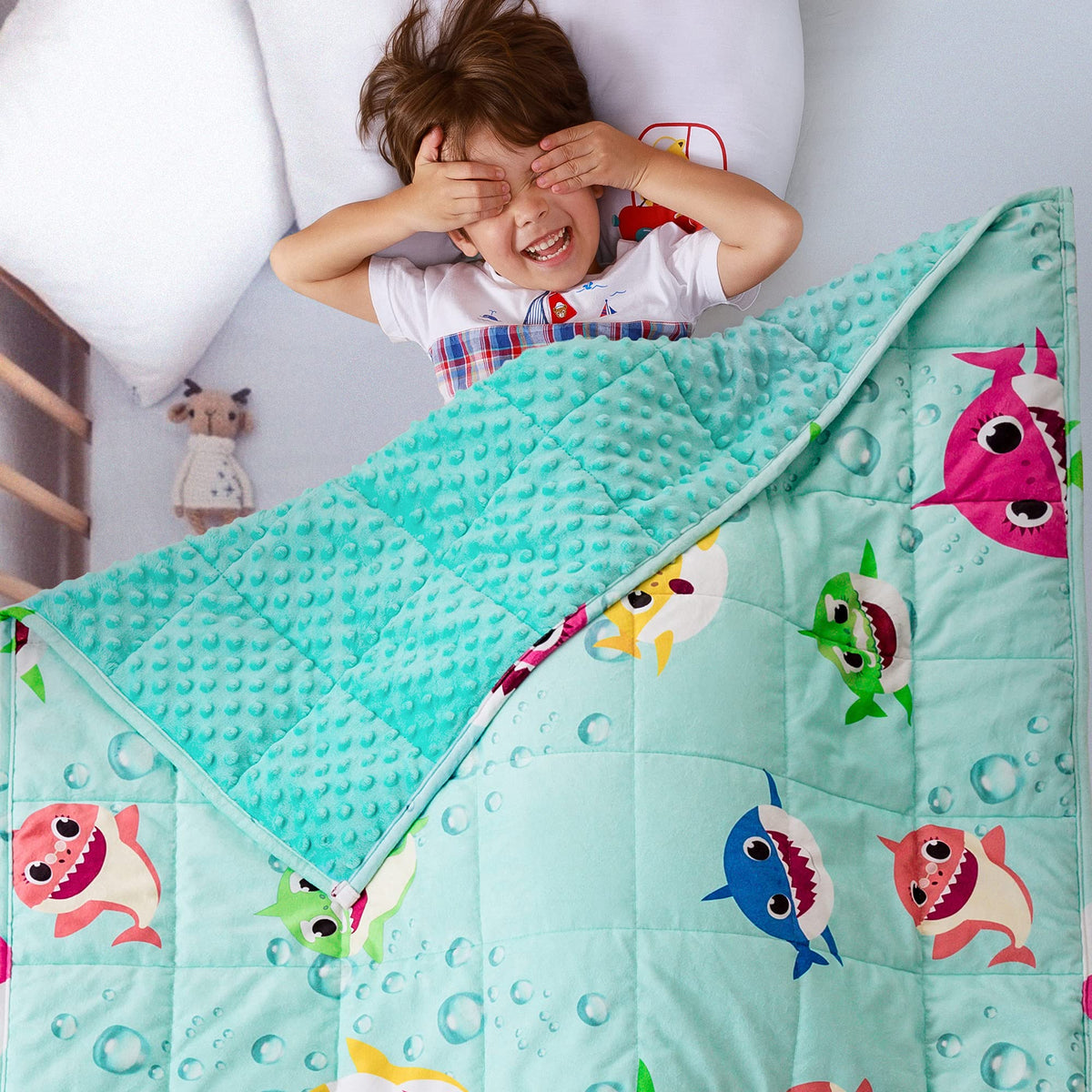 Sivio 5 Lbs Minky Dotted Weighted Blanket For Kids, Super Soft Crystal Velvet With Shark Cartoon Patterns, Reversible Heavy Blan