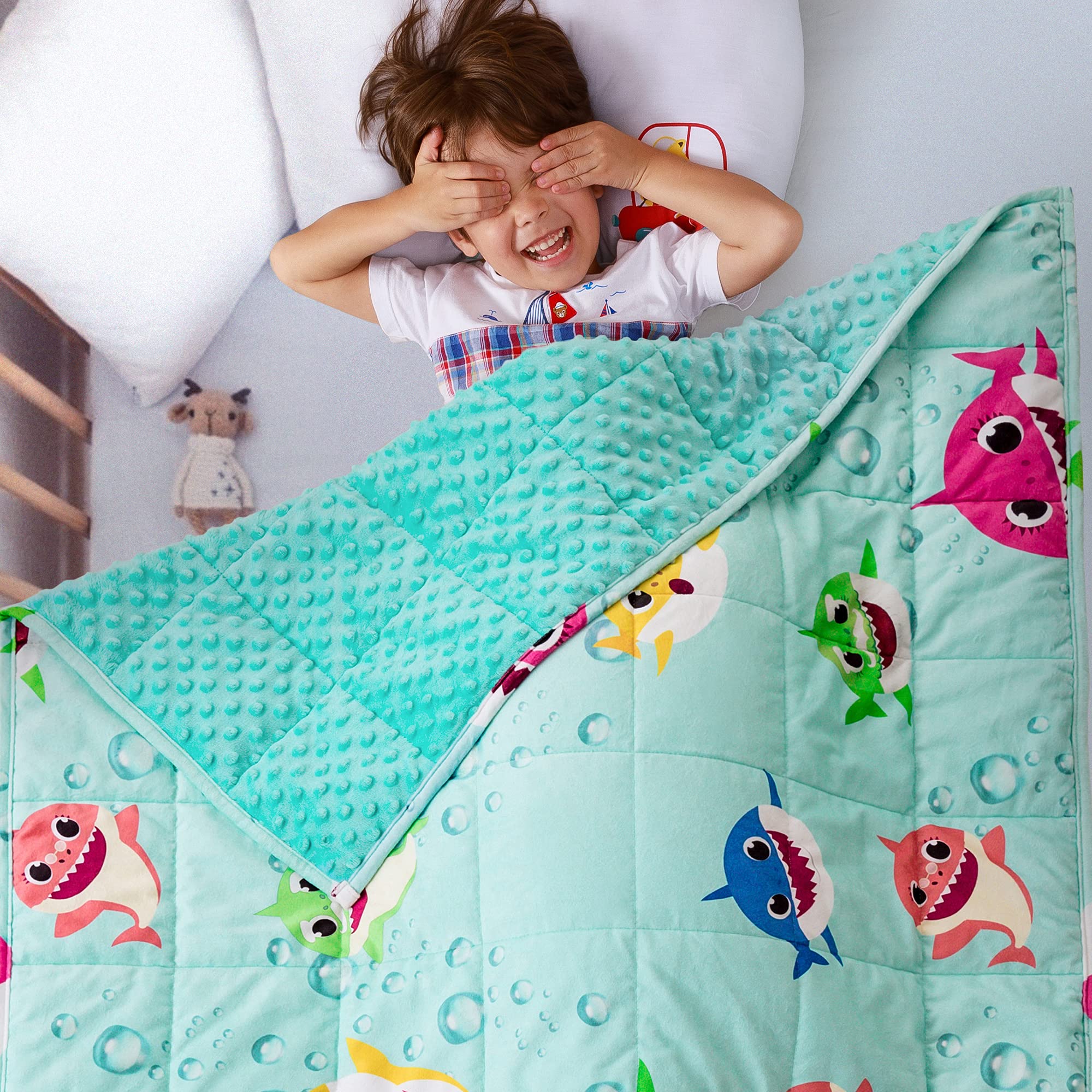 Sivio 5 Lbs Minky Dotted Weighted Blanket For Kids, Super Soft Crystal Velvet With Shark Cartoon Patterns, Reversible Heavy Blan